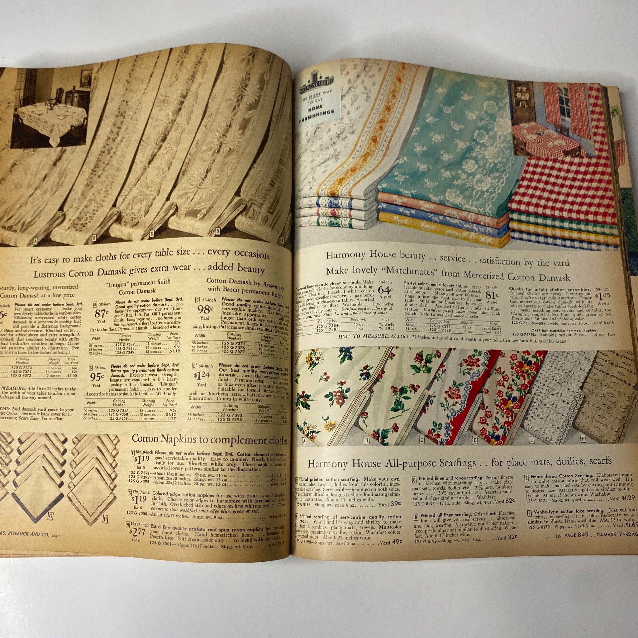 1946 - 1947 Sears, Roebuck and Co. Fall and Winter Catalog offering various tablecloths and cotton damask fabrics, perfect for home decor.