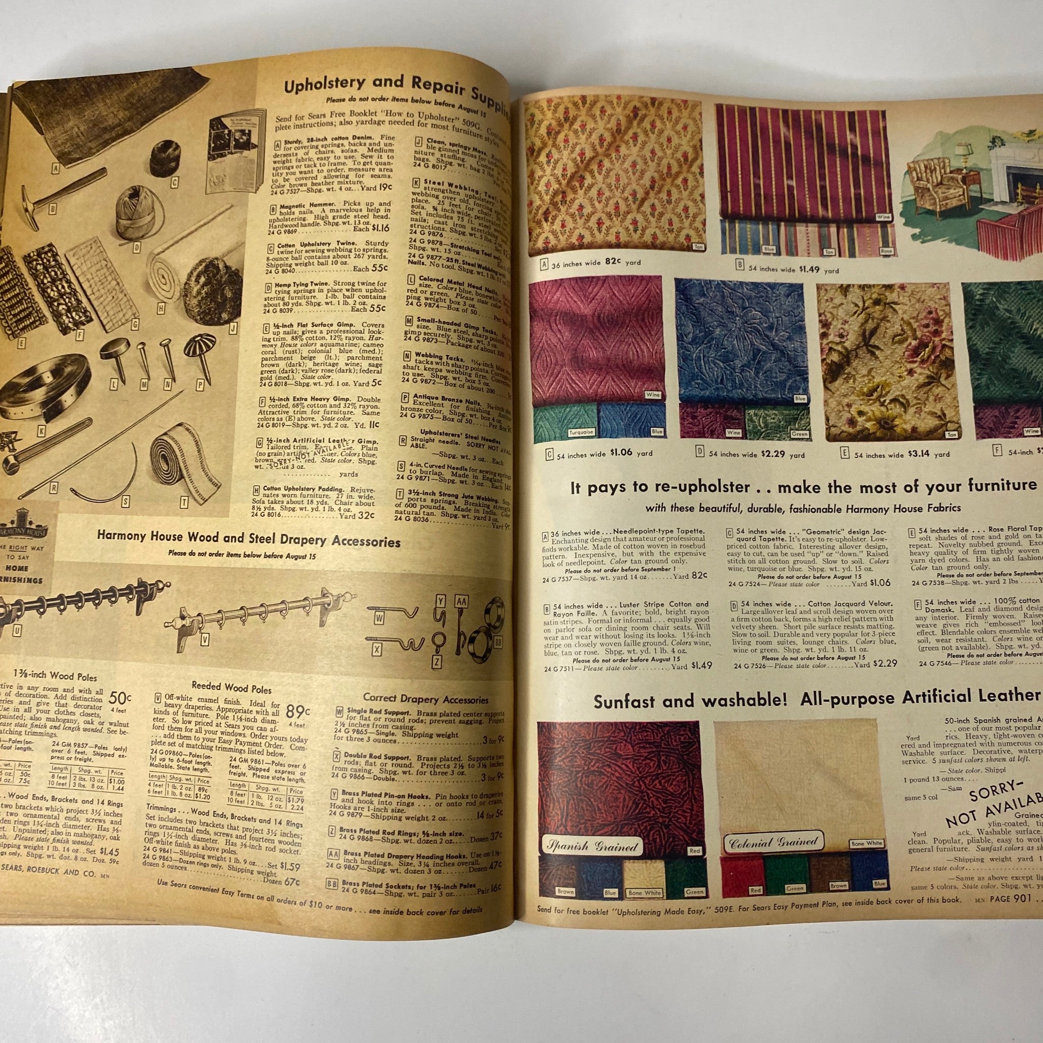 1946 - 1947 Sears, Roebuck and Co. Fall and Winter Catalog showing upholstery and repair supplies, including drapery accessories and various fabric patterns.