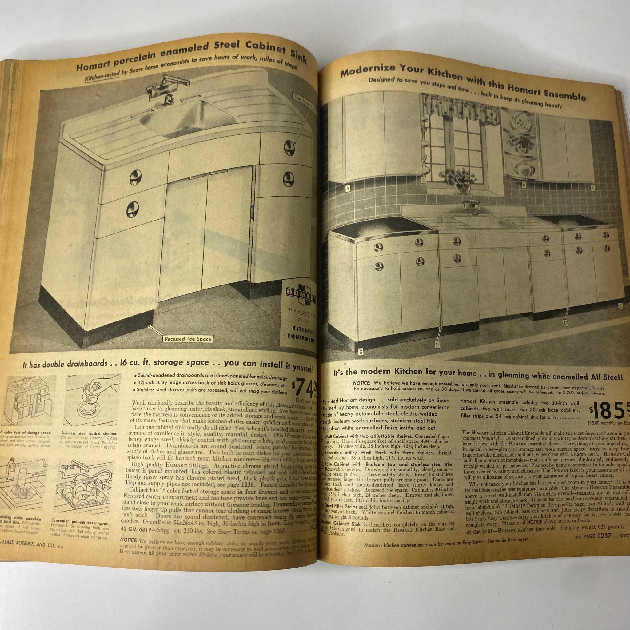 1946 - 1947 Sears, Roebuck and Co. Fall and Winter Catalog presenting a porcelain enameled steel cabinet sink and modern kitchen furnishings for the post-war era.