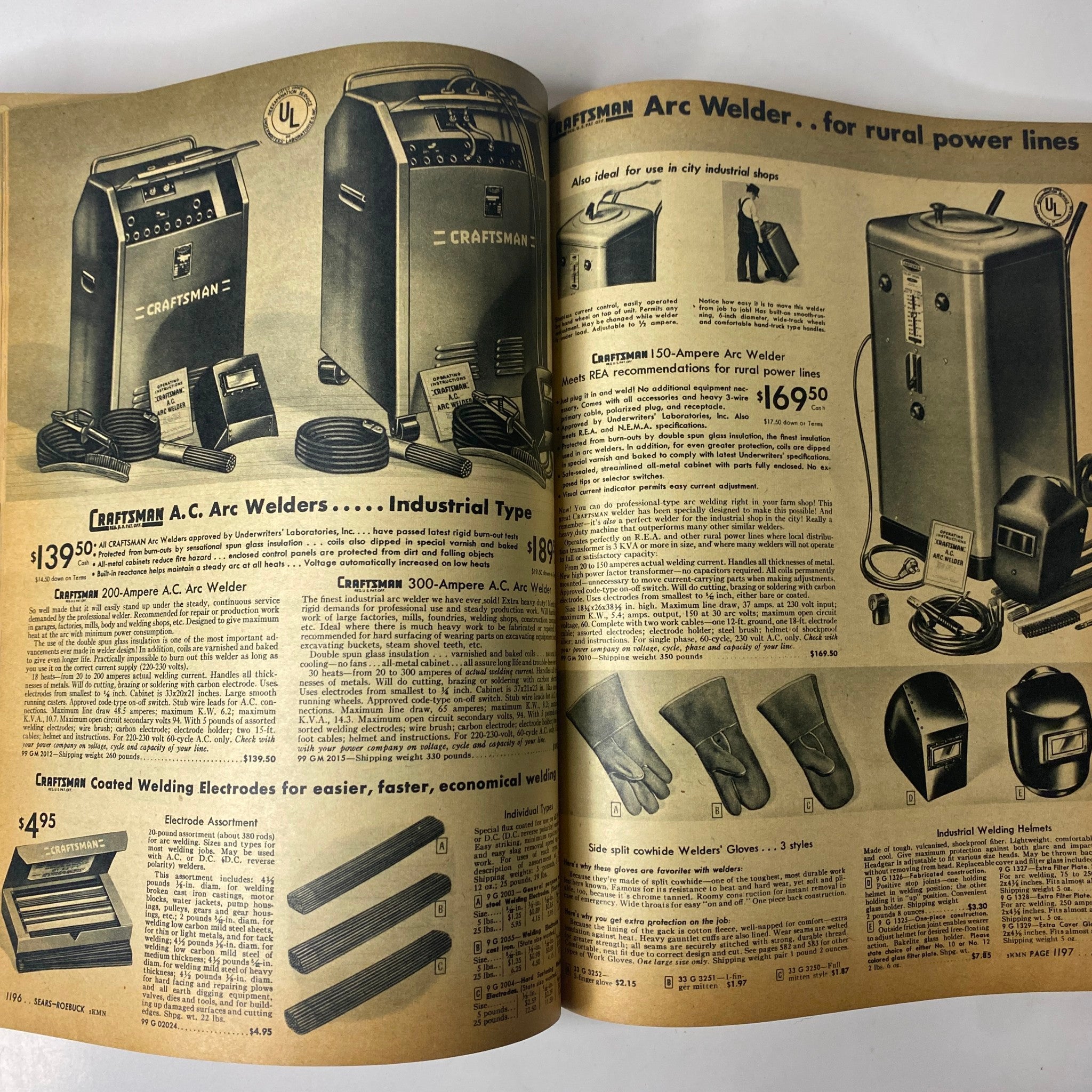 1946 - 1947 Sears, Roebuck and Co. Fall and Winter Catalog displaying Craftsman arc welders and accessories, highlighting industrial tools available in the late 1940s.