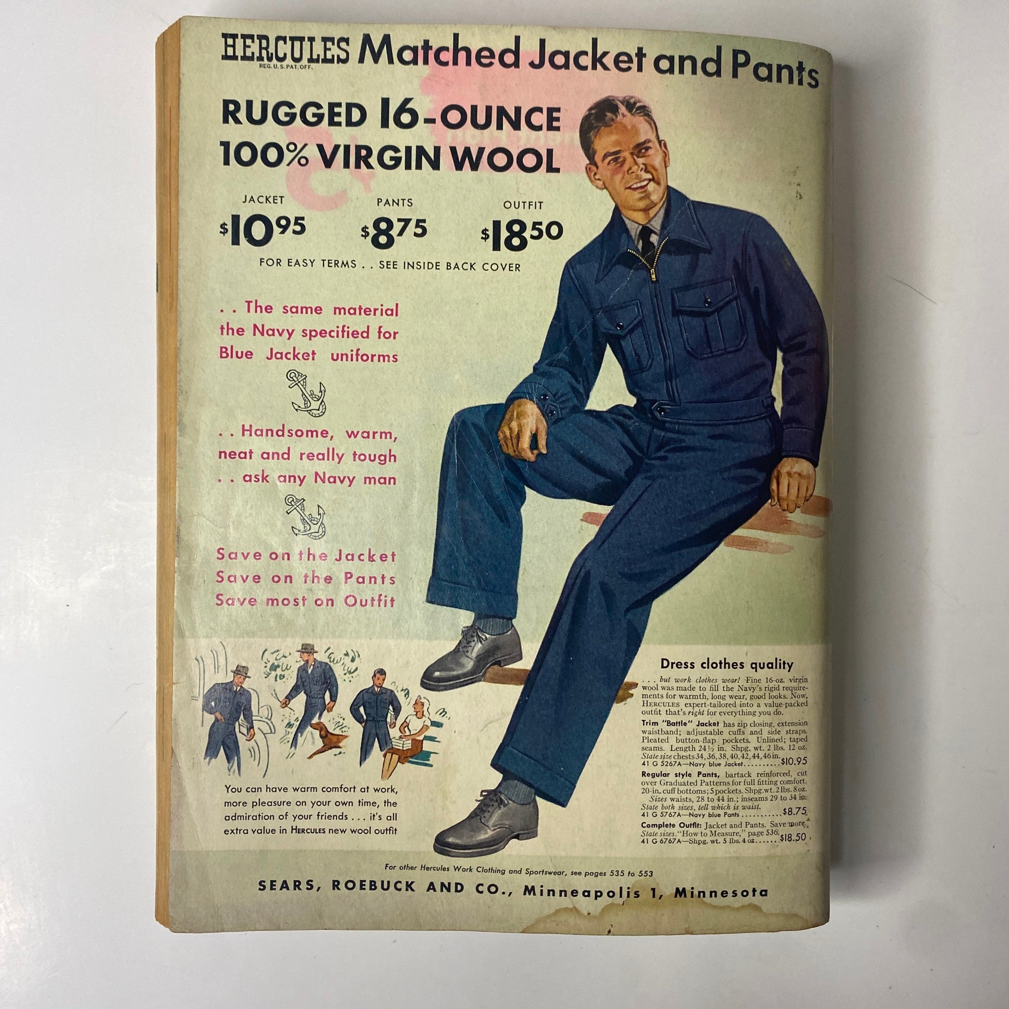 1946 - 1947 Sears, Roebuck and Co. Fall and Winter Catalog featuring Hercules matched jacket and pants, made of 16-ounce 100% virgin wool, highlighting prices and descriptions of the rugged work apparel.