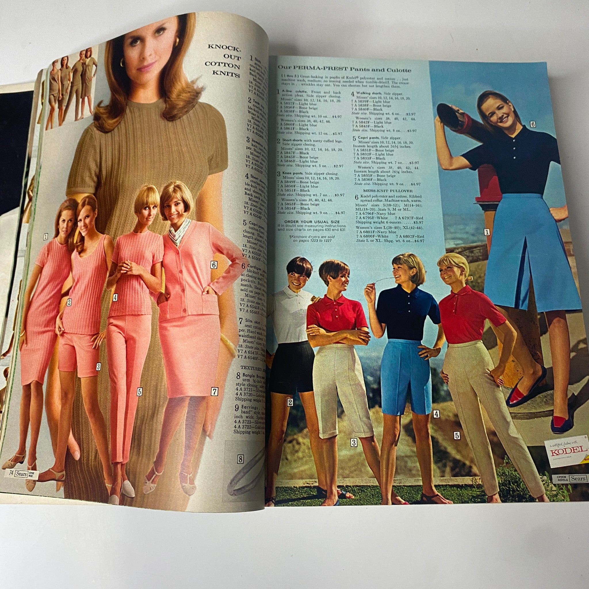 Page from the 1967 Sears Spring Through Summer Catalog showcasing cotton knit clothing styles for women, including tops and skirts.