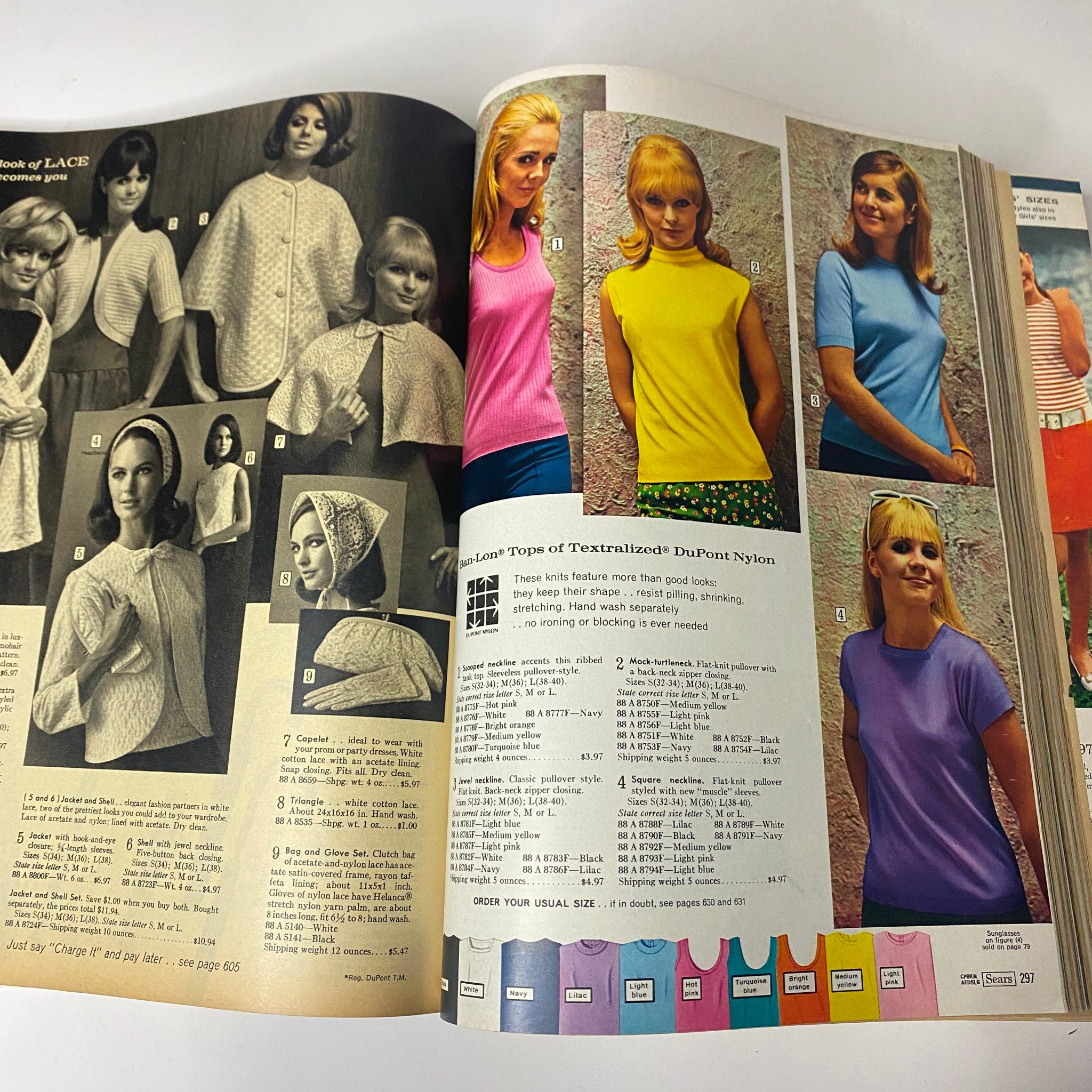 Double page spread from the 1967 Sears Spring Through Summer Catalog exhibiting vibrant summer colors in a variety of tops and casual outfits.