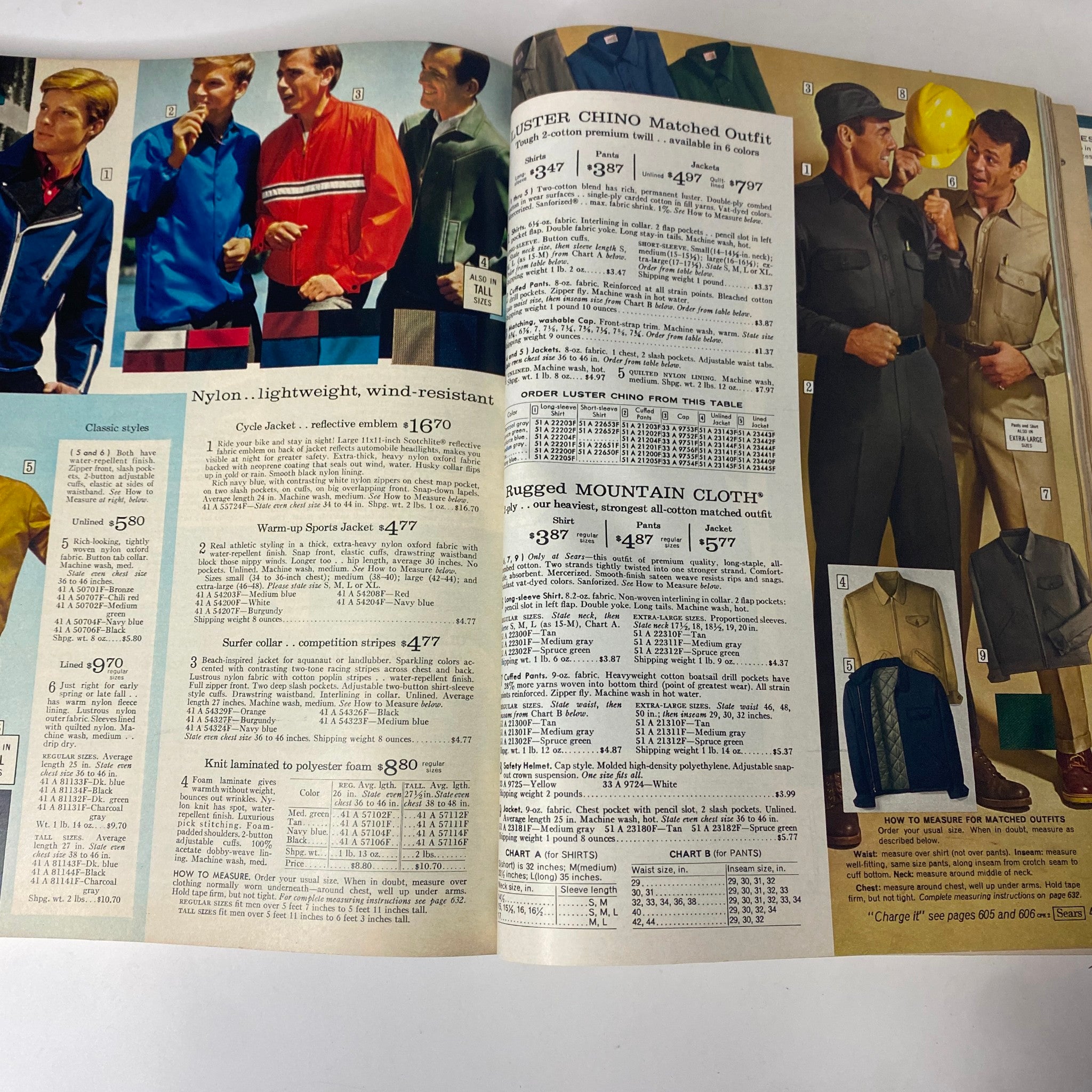 1967 Sears Spring Through Summer Catalog page showcasing classic men's jackets and outdoor wear, including stylish nylon windbreakers, cycling jackets, and rugged mountain outfits.