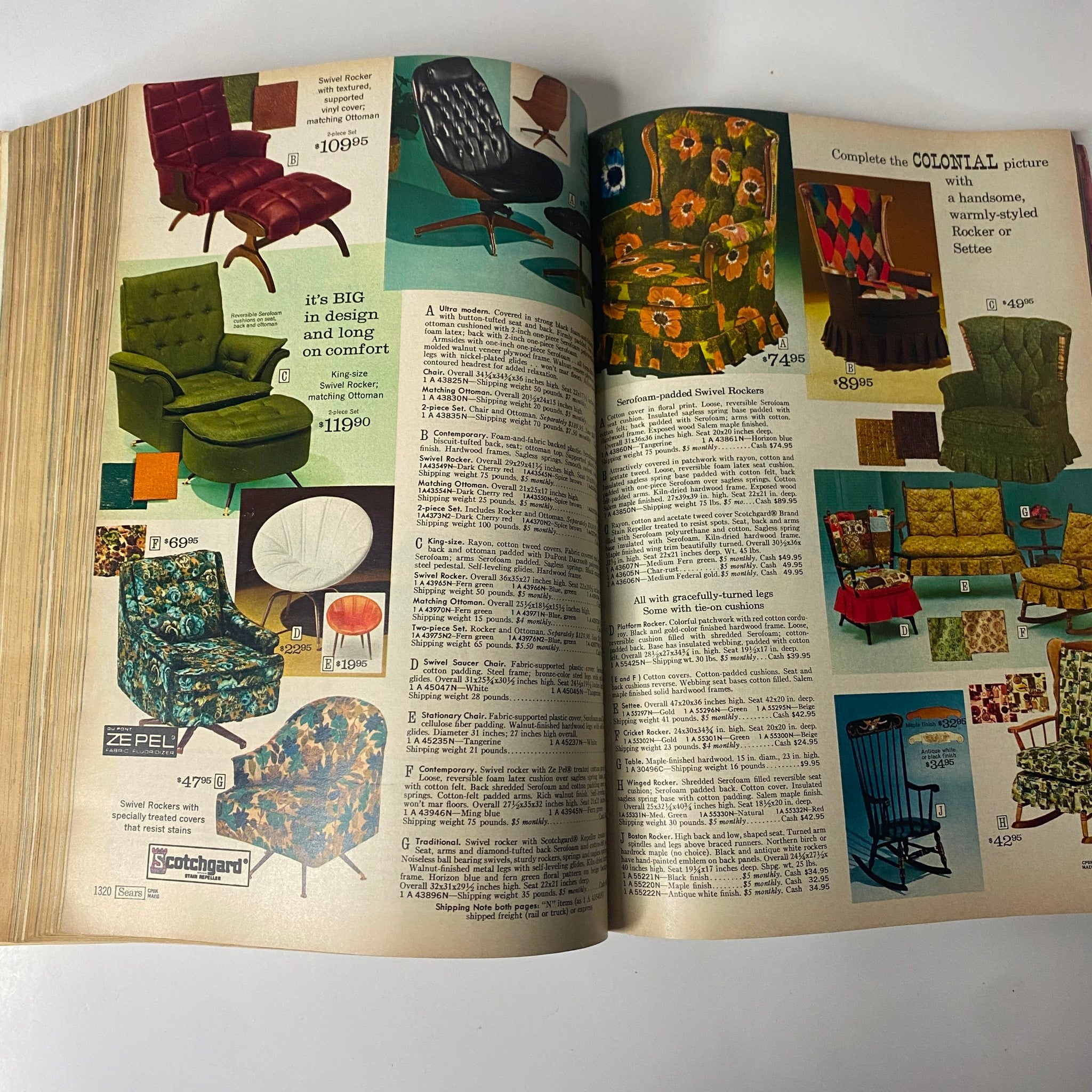 1967 Sears Spring Through Summer Catalog featuring a variety of mid-century modern chairs, including swivel rockers and contemporary seating options in bold patterns.