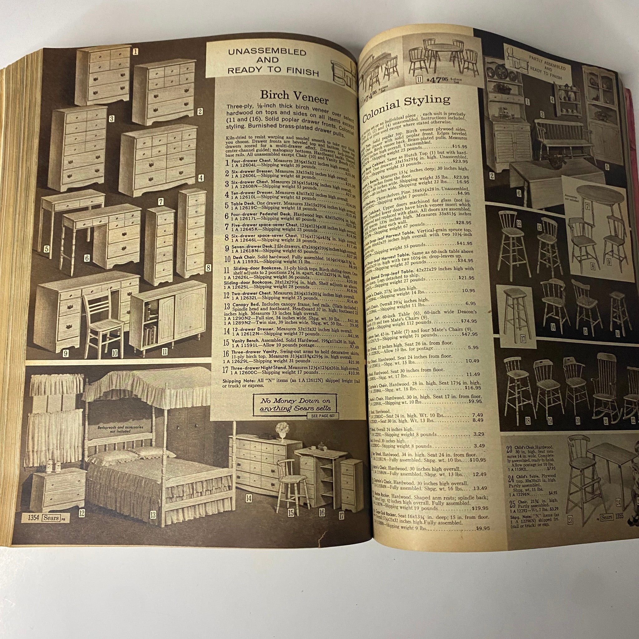 1967 Sears Spring Through Summer Catalog page displaying various birch veneer furniture, including dressers, desks, and colonial-style seating options.