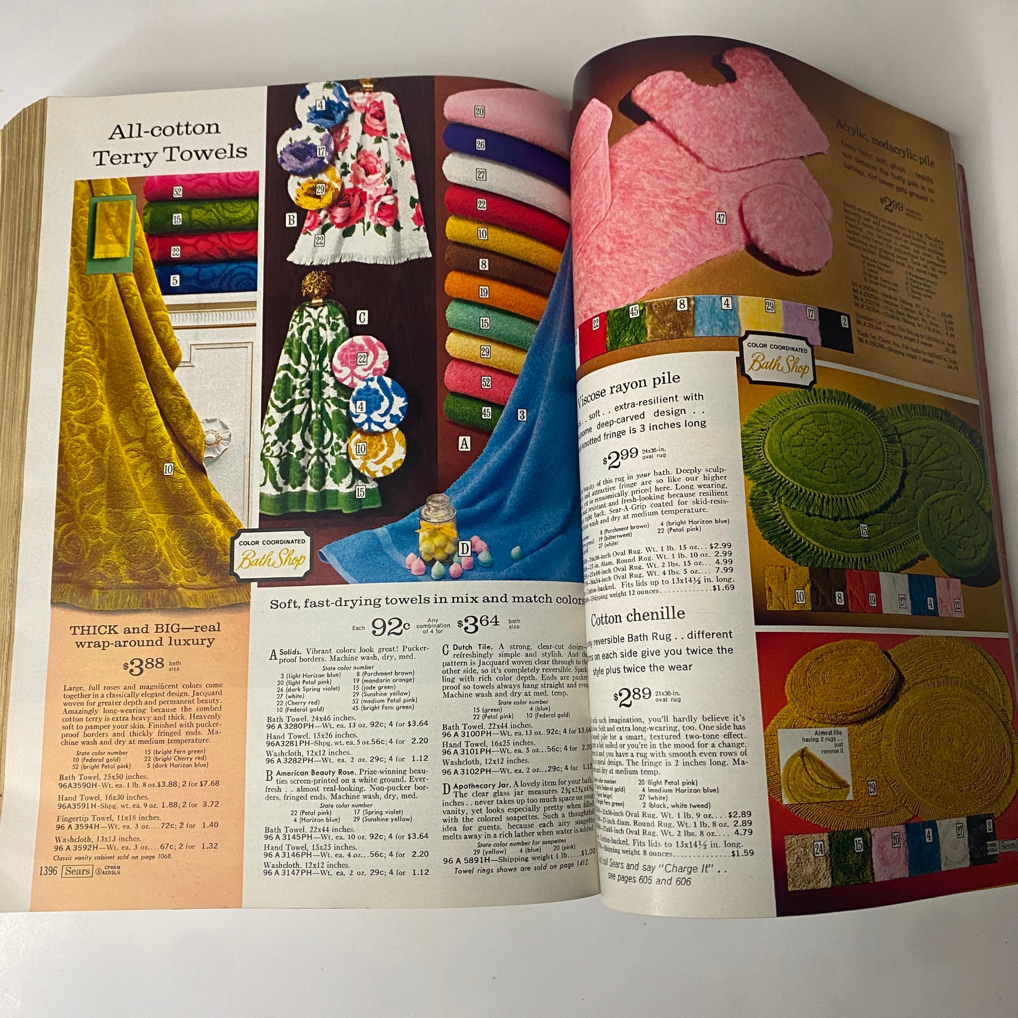 1967 Sears Spring Through Summer Catalog showing a colorful collection of terry towels and bath textiles, highlighting vibrant colors and cozy bathroom accessories.