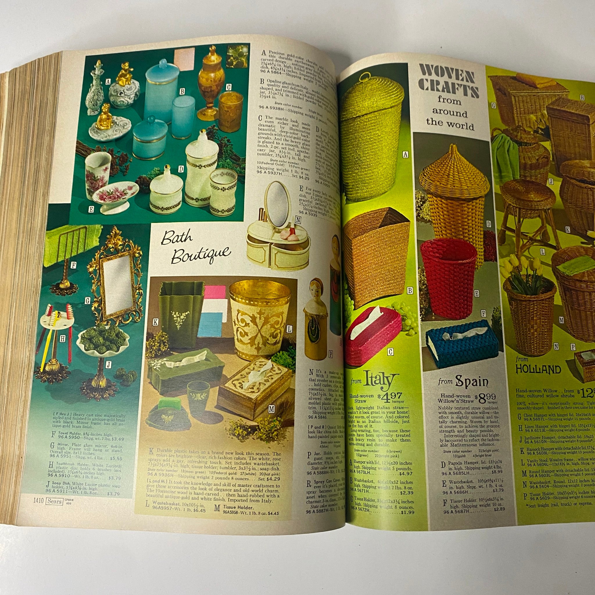 1967 Sears Spring Through Summer Catalog featuring a colorful display of bath boutique items including glass jars, mirrors, and woven crafts from different countries.