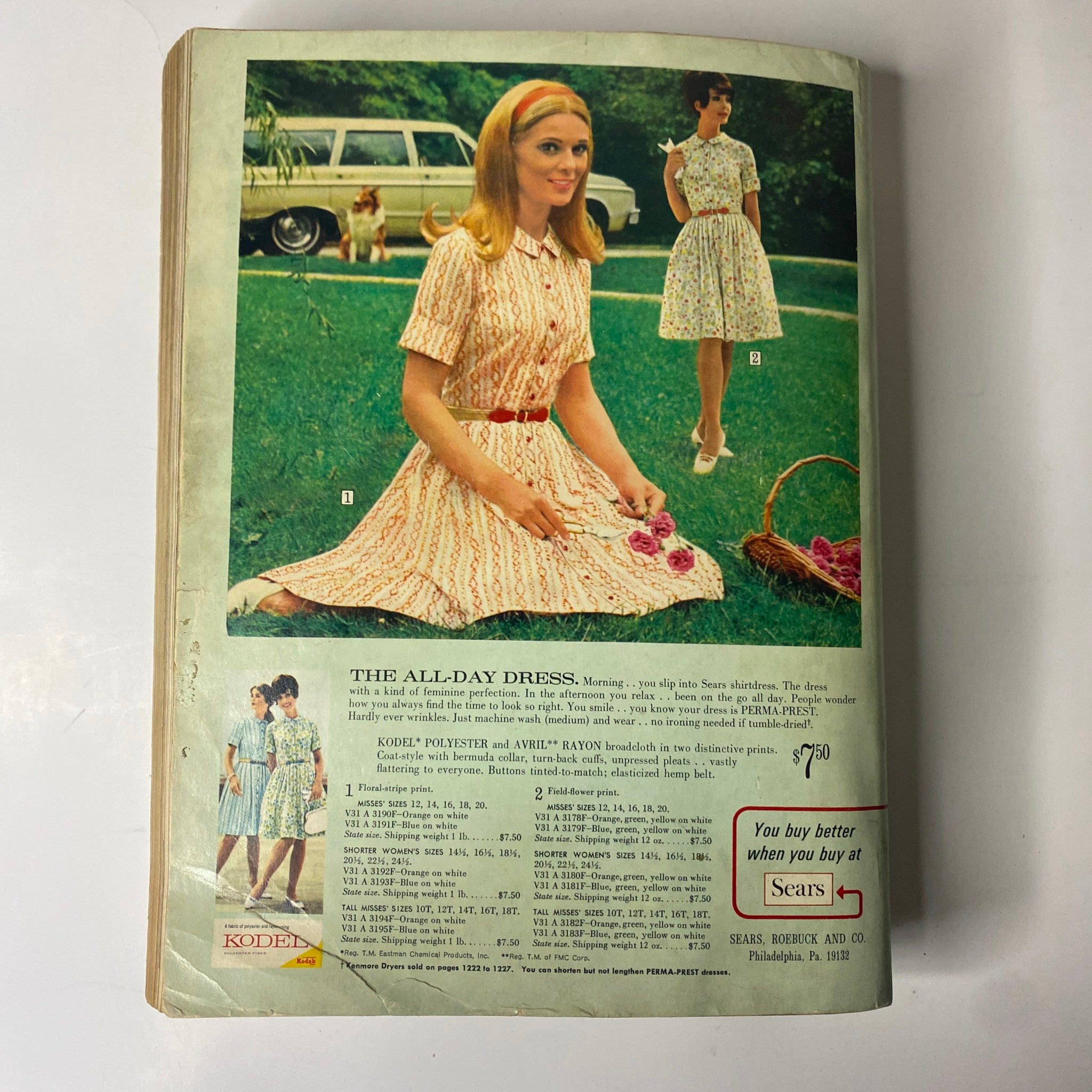 1967 Sears Spring Through Summer Catalog showing vintage dresses for women, featuring a model in an all-day dress with floral patterns, showcasing popular 1960s fashion.