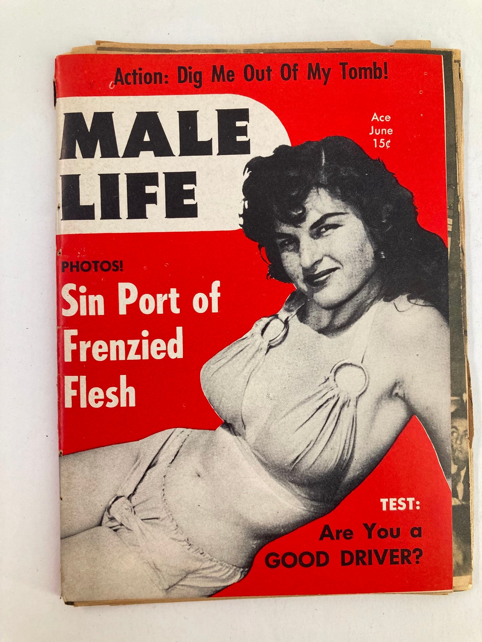 Cover of VTG Male Life Magazine, June 1950s, titled 'Sin Port of Frenzied Flesh'. Features striking red background and an image of a female model wearing a bathing suit.