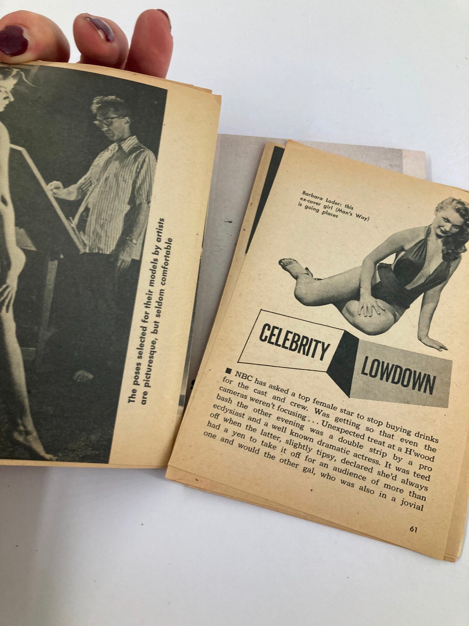 Interior pages of VTG Male Life Magazine from June 1950s, showcasing a photo of an artist working with a model and the section titled 'Celebrity Lowdown'.