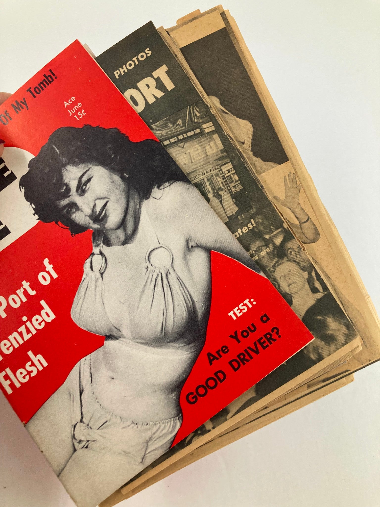 Close-up of the cover of VTG Male Life Magazine, June 1950s, highlighting 'Sin Port of Frenzied Flesh' with an image of a female model and 'Are You a GOOD DRIVER?' test.