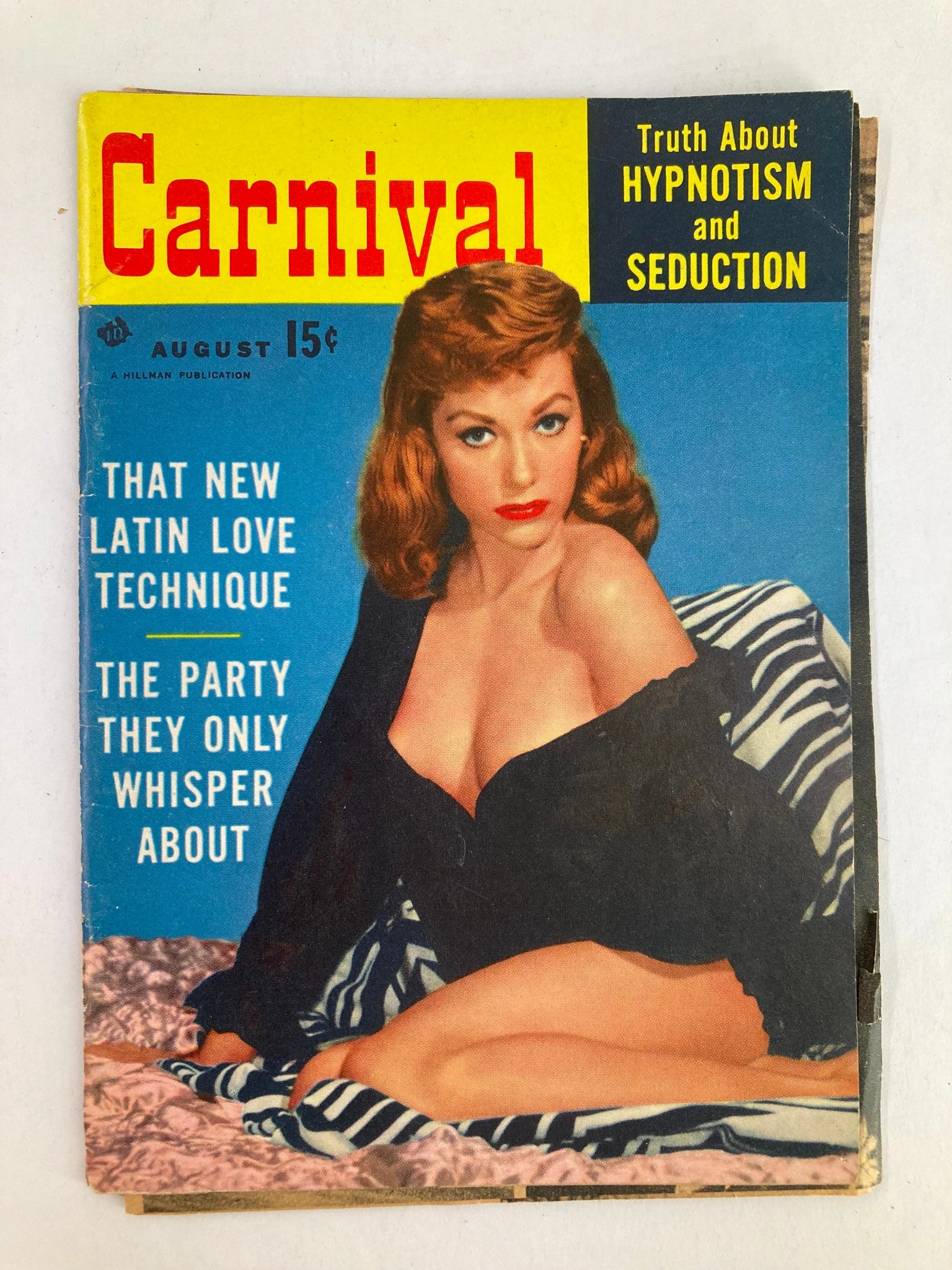 VTG Carnival Magazine August 1950s cover featuring a glamorous model, showcasing the theme 'Truth About Hypnotism and Seduction' with vibrant colors and retro design.