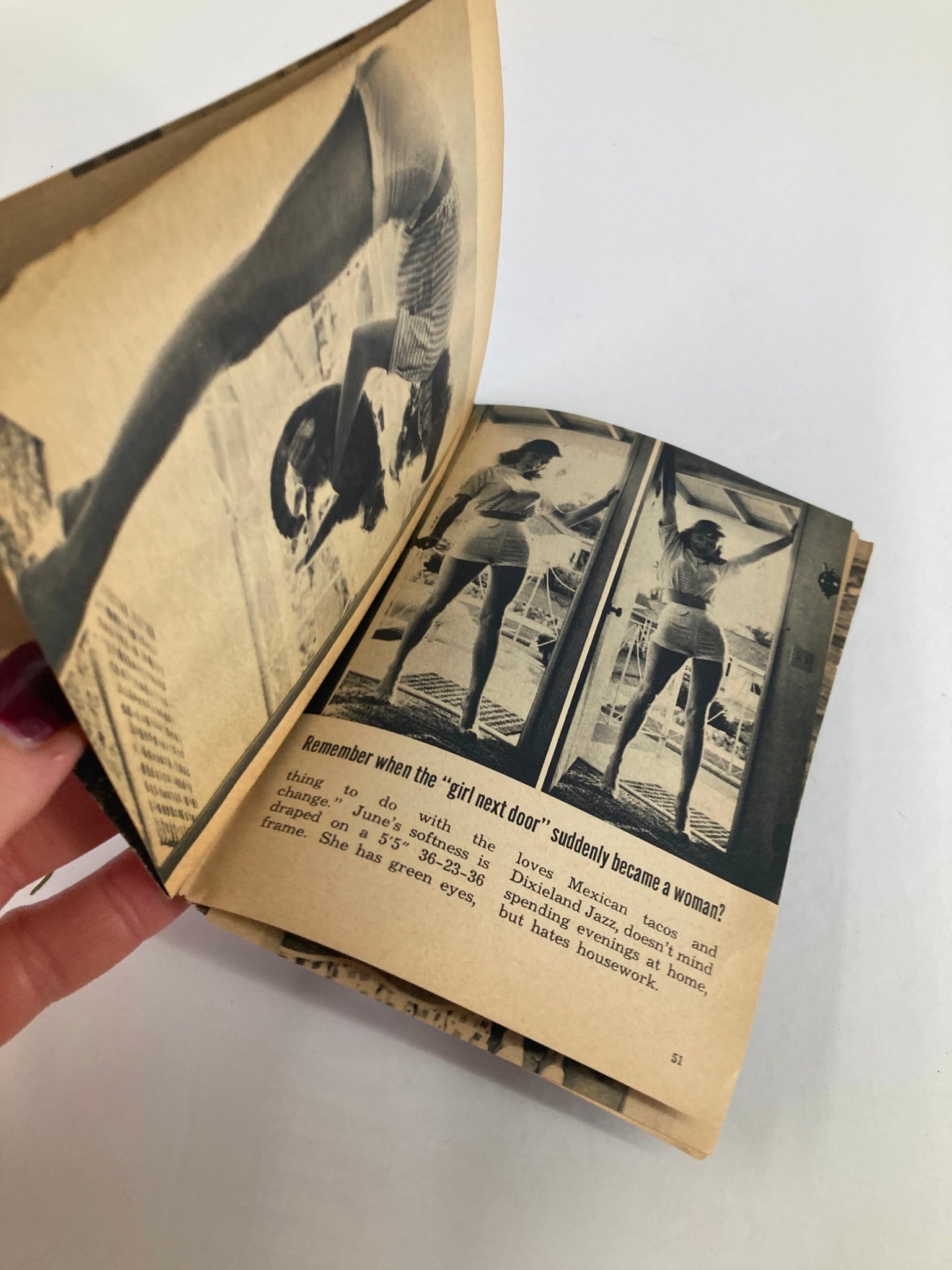 Inside view of VTG Carnival Magazine August 1950s displaying pages with black and white photographs of a woman in revealing attire, reflecting the era's style and articles.