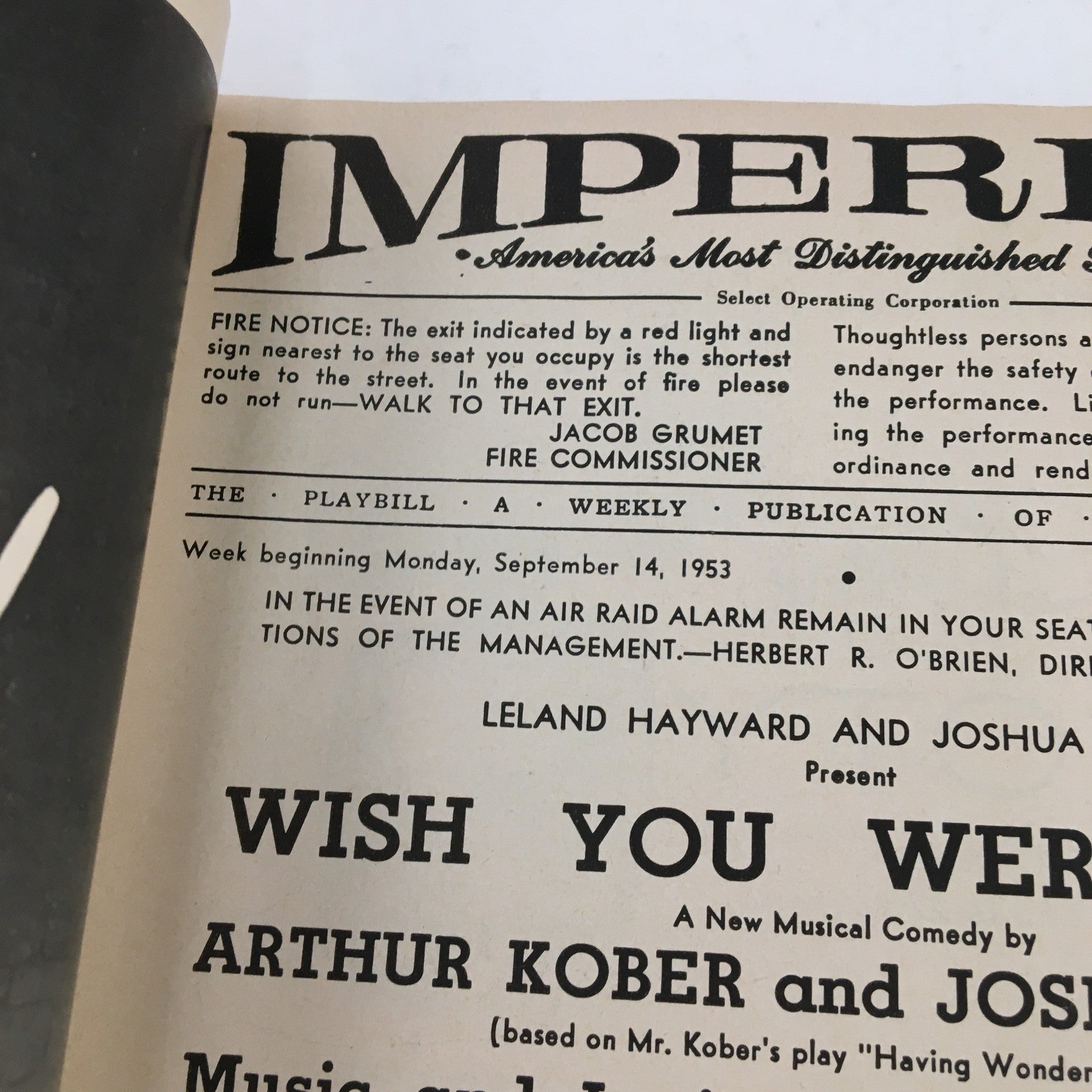 1953 Playbill Imperial Theatre Present Wish You Were Here by Arthur Kober