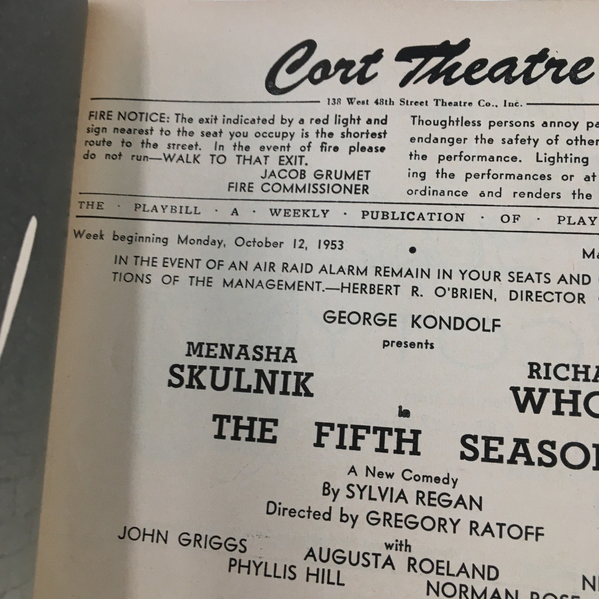 1953 Playbill Cort Theatre George Kondolf Presents The Fifth Season