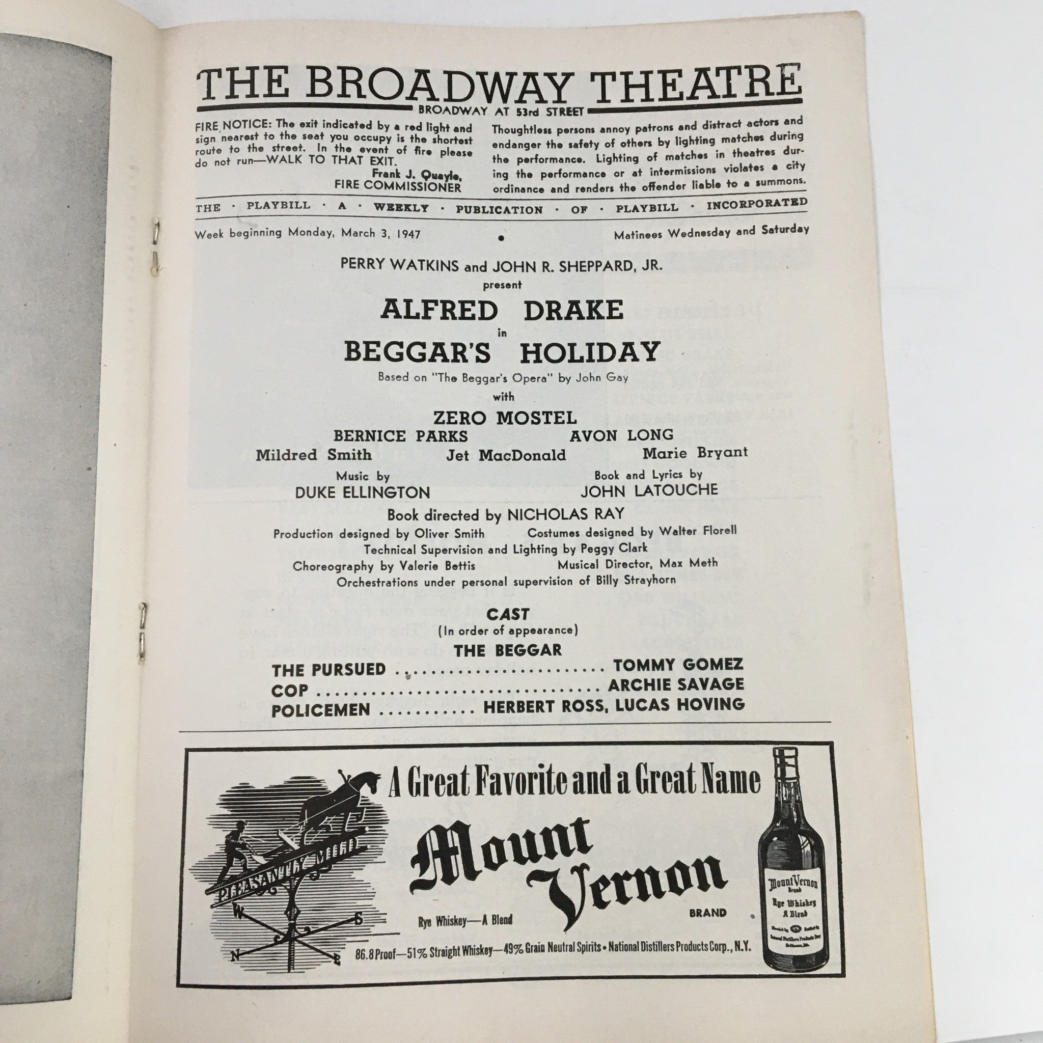 1947 Playbill The Broadway Theatre Present Alfred Drake in Beggar's Holiday