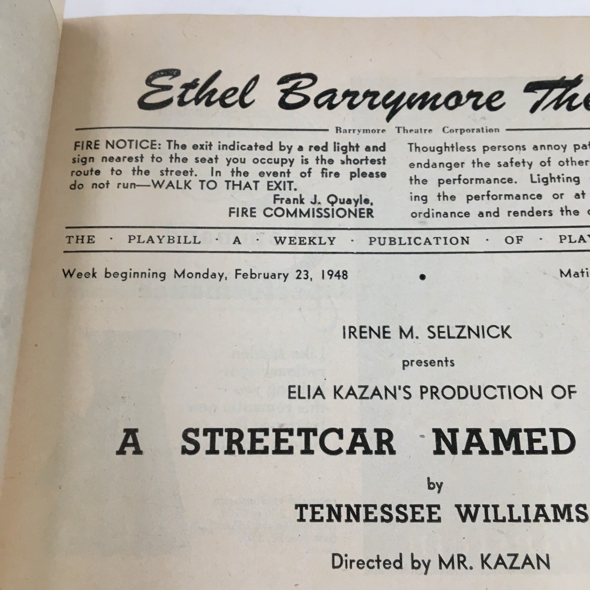 1948 Playbill Ethel Barrymore Theatre A Streetcar Named Desire by Tennessee W.