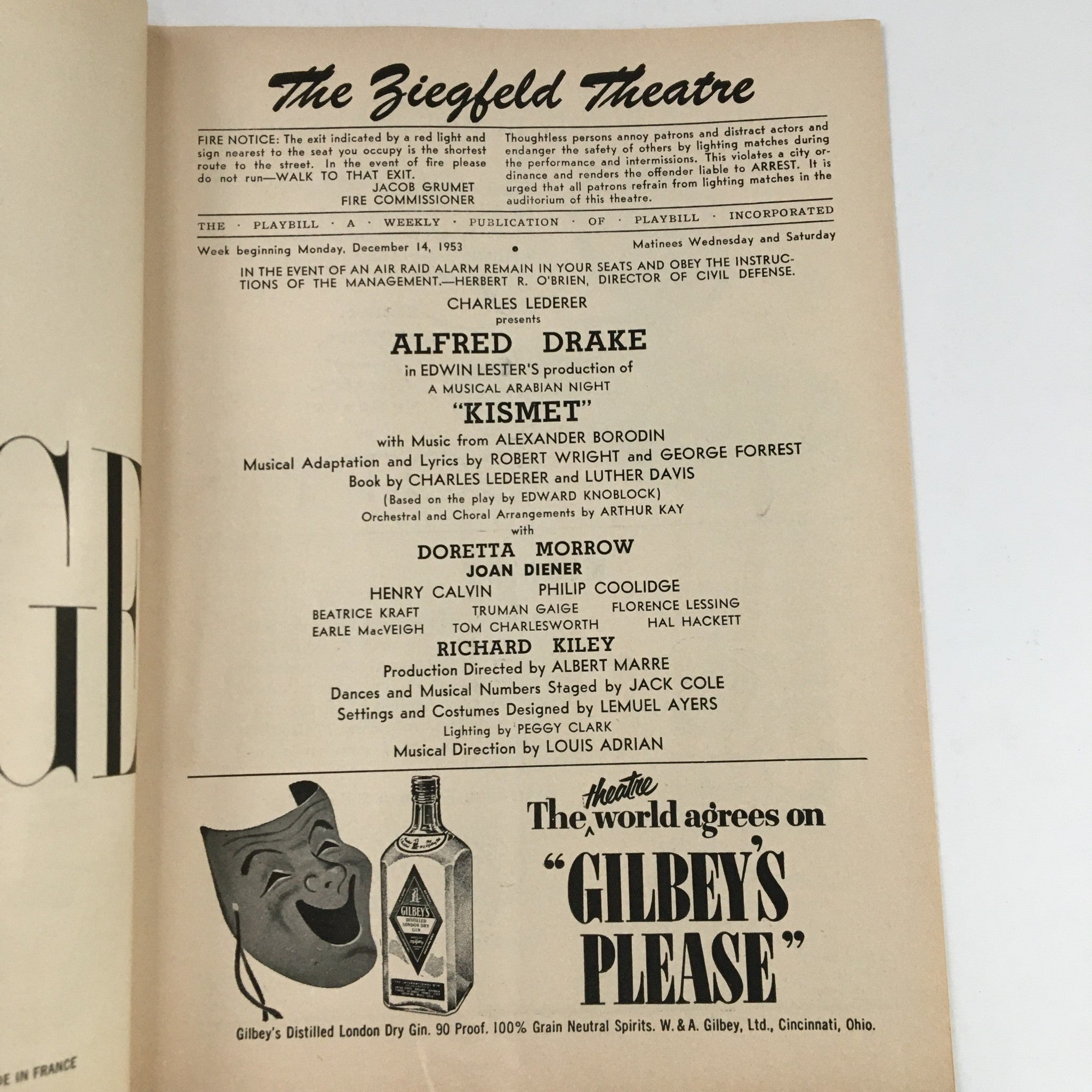 1953 Playbill The Ziegfeld Theatre Present Alfred Drake in Kismet Musical