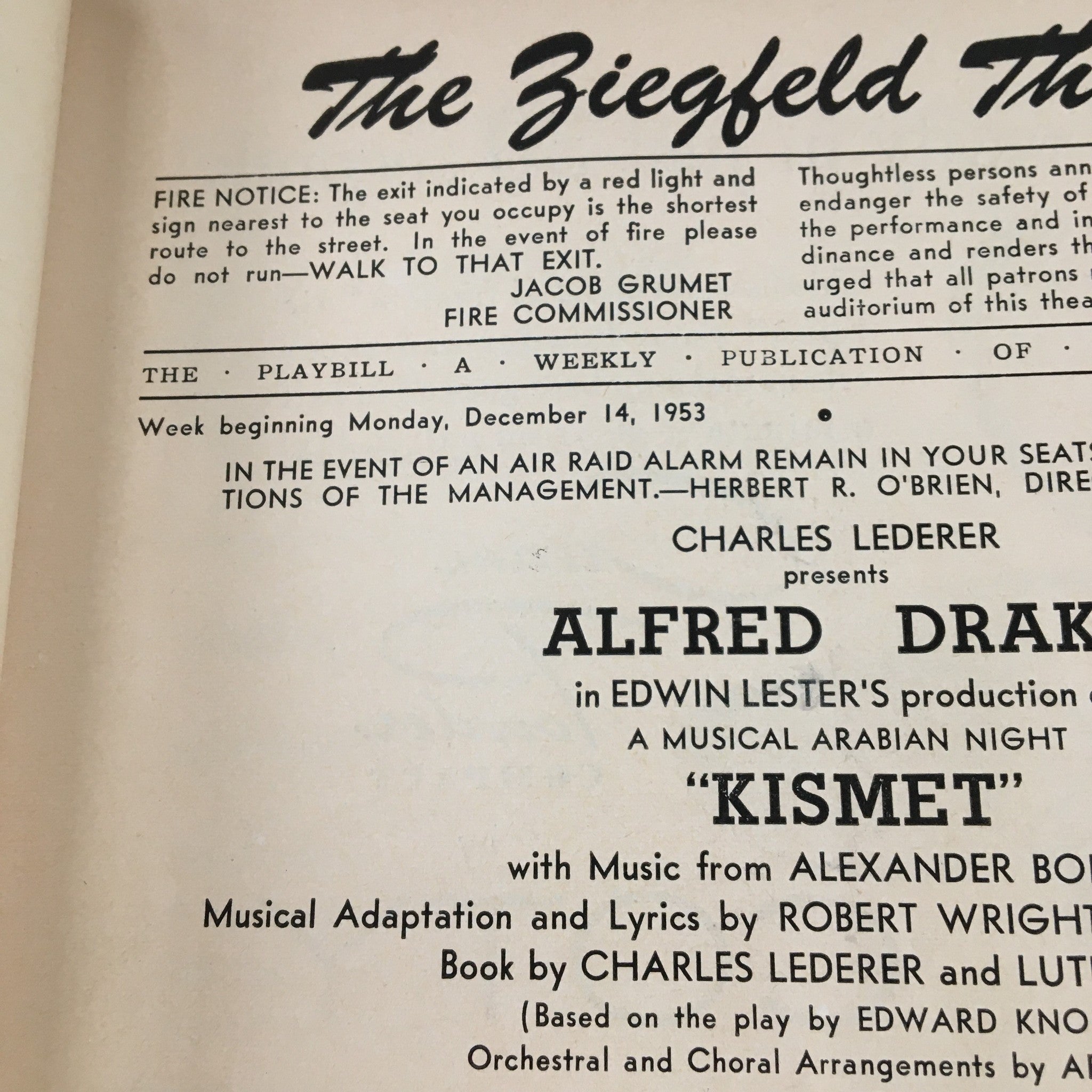 1953 Playbill The Ziegfeld Theatre Present Alfred Drake in Kismet Musical