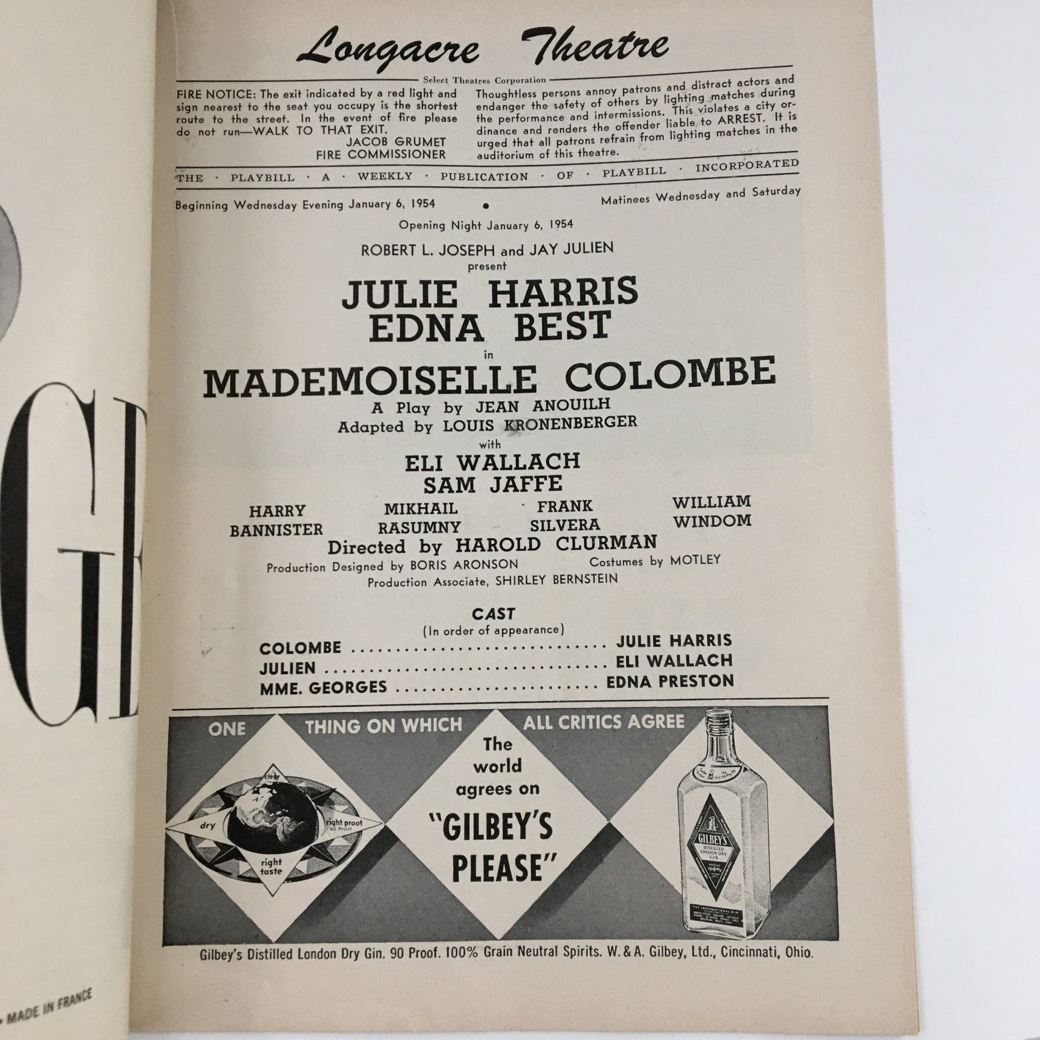 1954 Playbill Longacre Theatre Presents Julie Harris in Mademoiselle Colombe