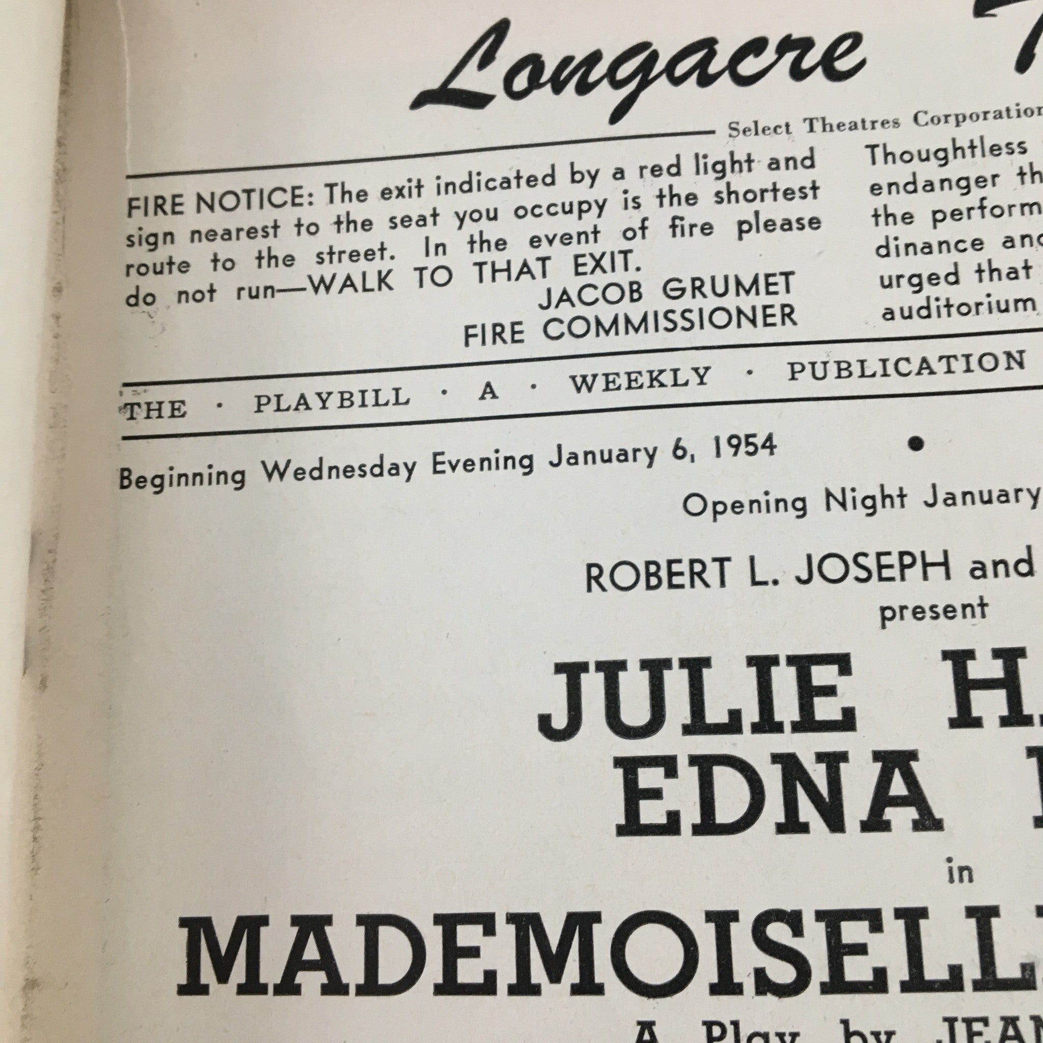 1954 Playbill Longacre Theatre Presents Julie Harris in Mademoiselle Colombe