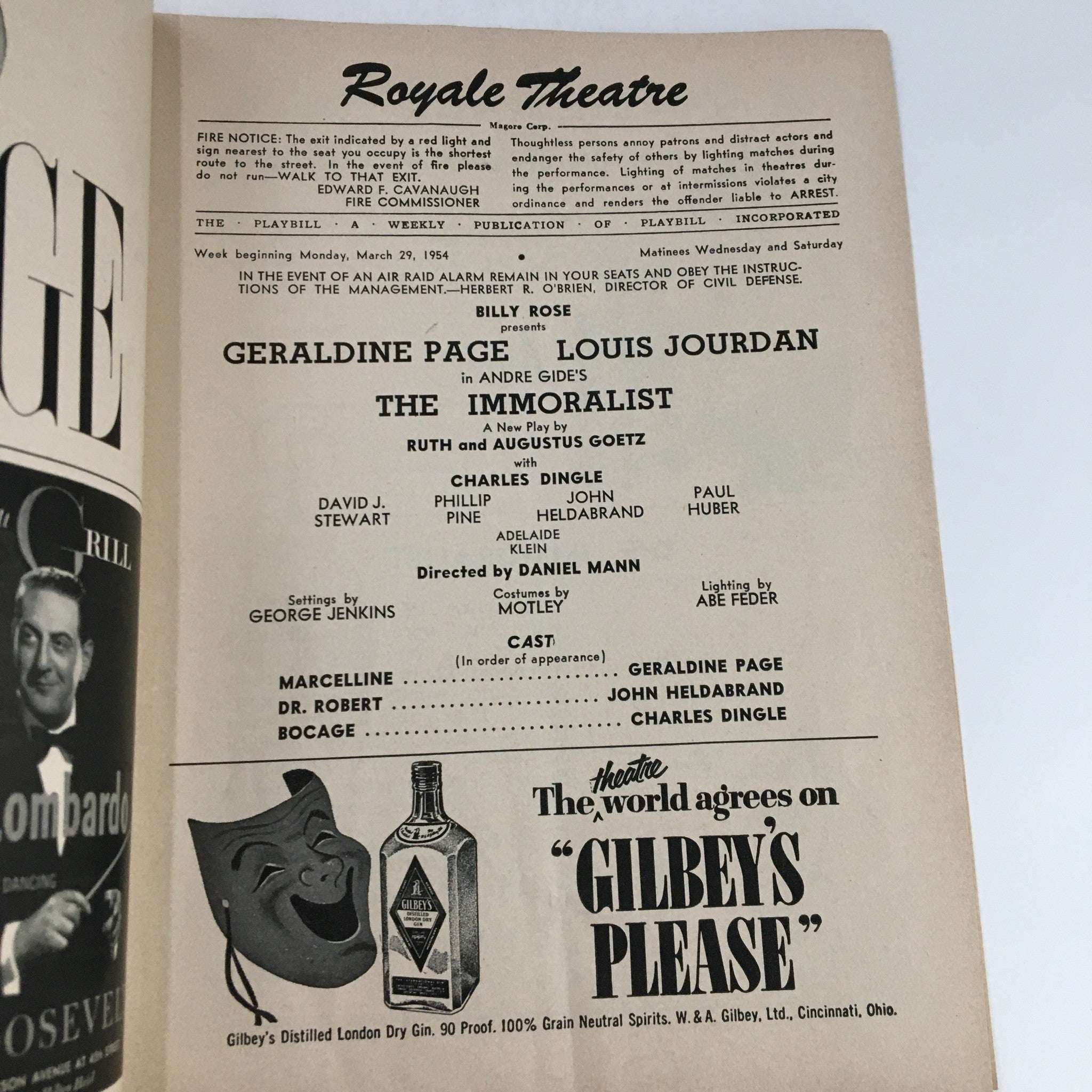 1954 Playbill Royale Theatre Billy Rose Presents The Immoralist by Ruth Augustus