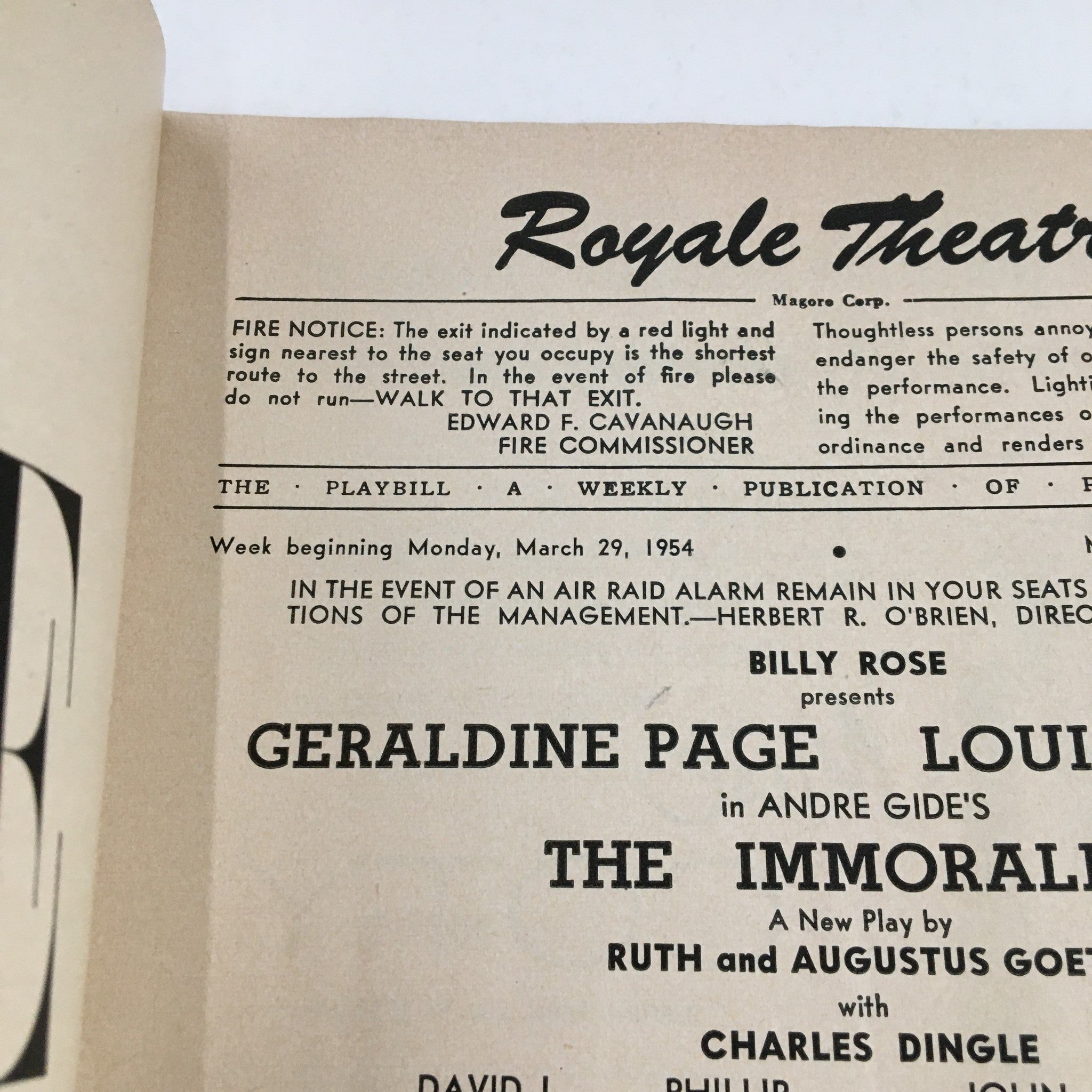 1954 Playbill Royale Theatre Billy Rose Presents The Immoralist by Ruth Augustus