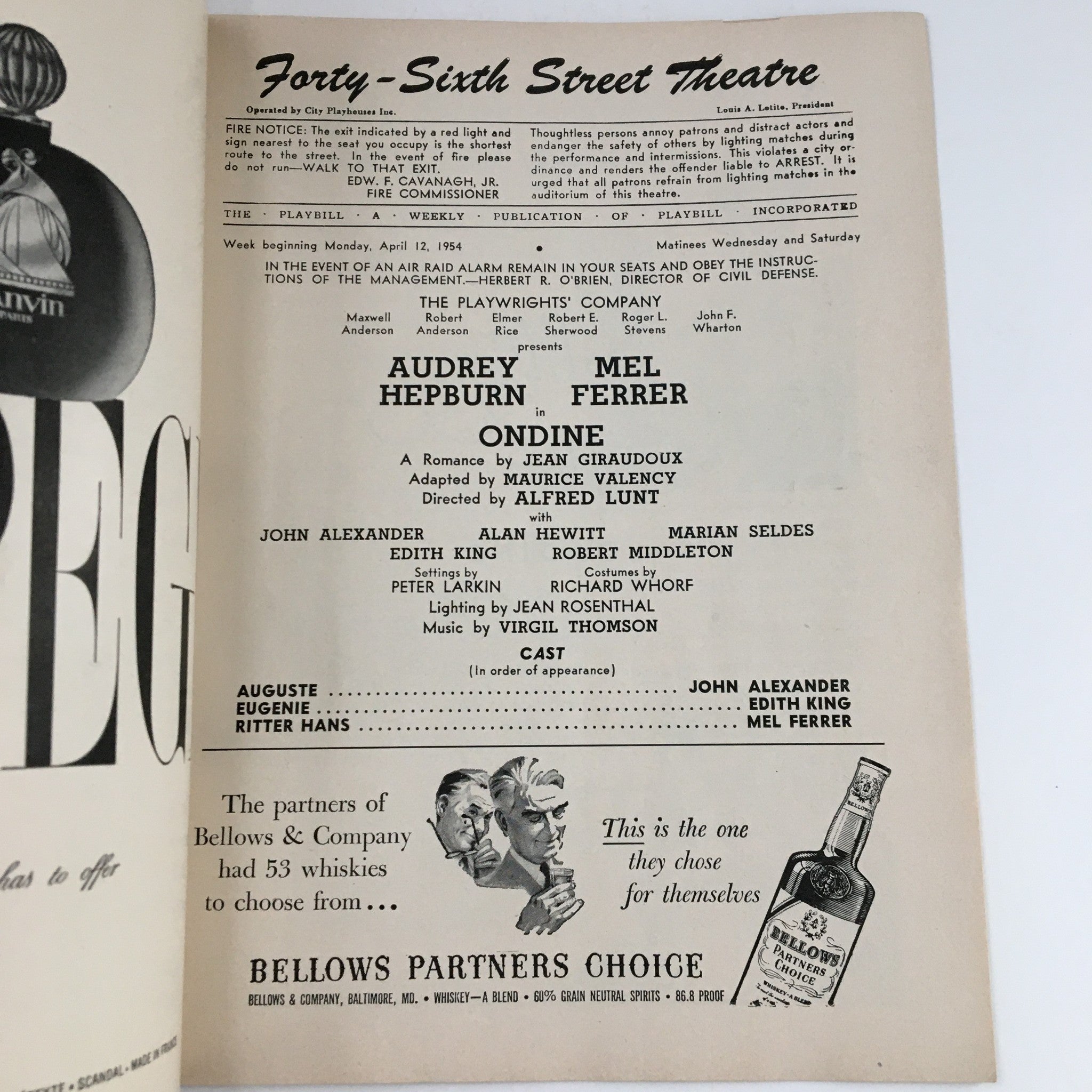 1954 Playbill Forty-Sixth Street Theatre Audrey Hepburn, Mel Ferrer in Ondine