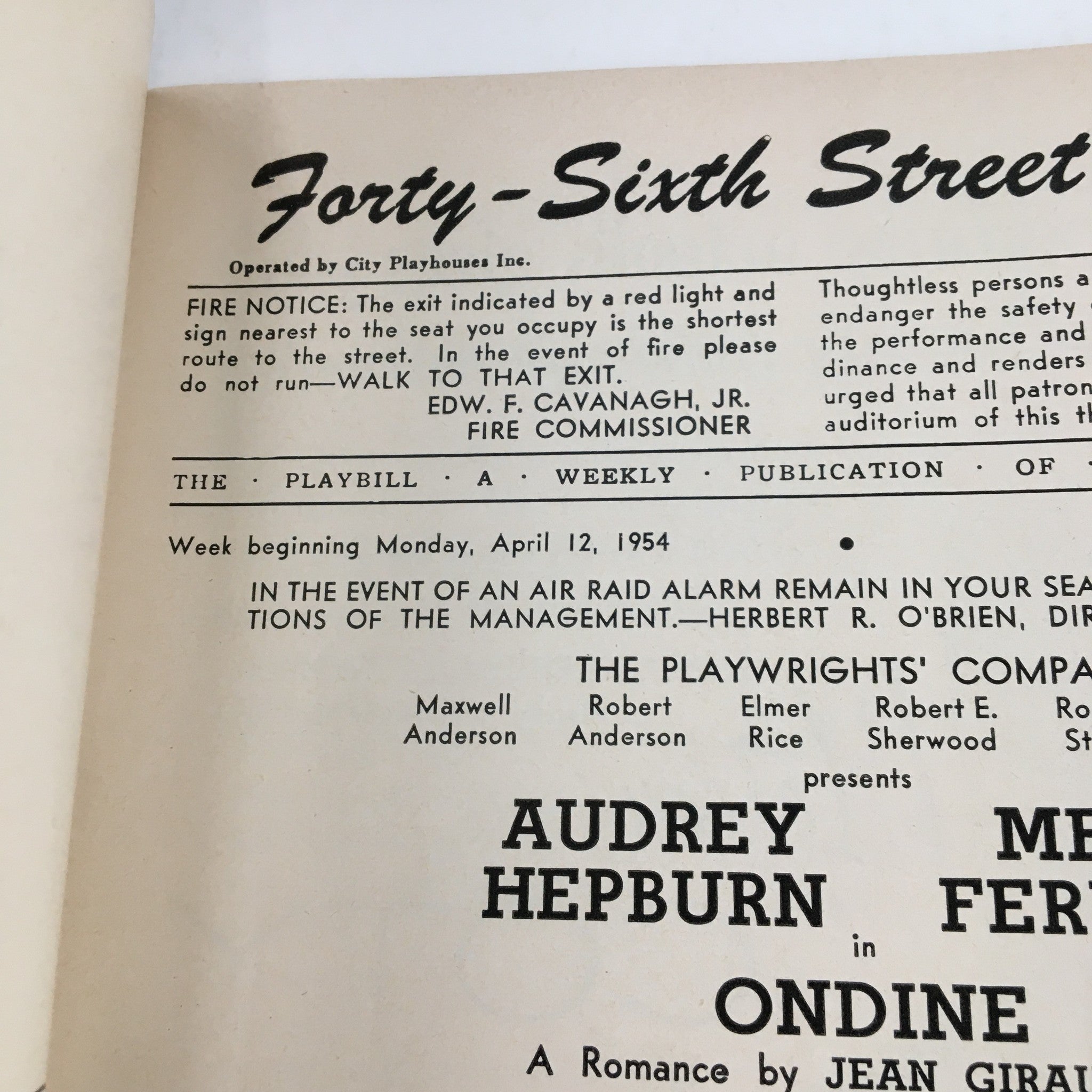 1954 Playbill Forty-Sixth Street Theatre Audrey Hepburn, Mel Ferrer in Ondine