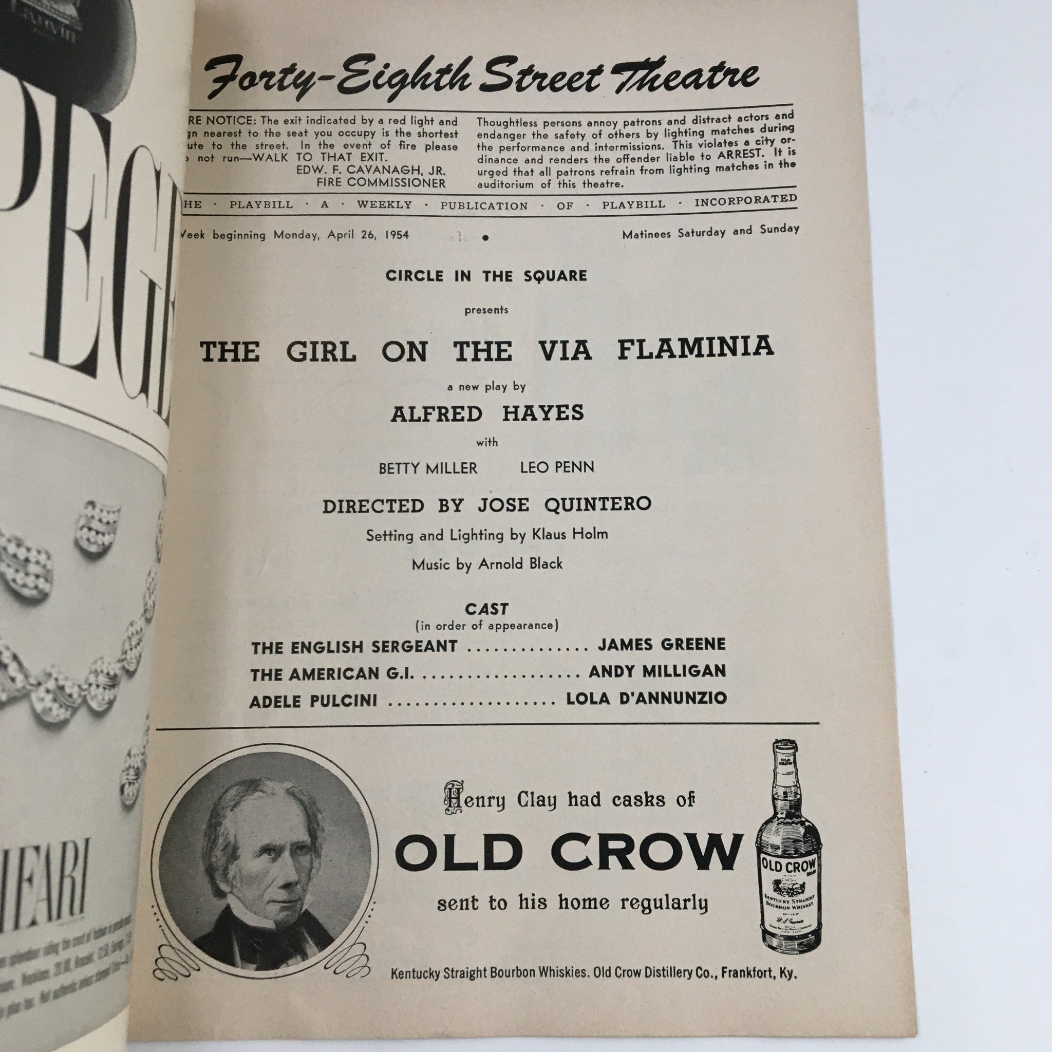 1954 Playbill Forty-Eight Street Theatre Present The Girl On The Via Flaminia