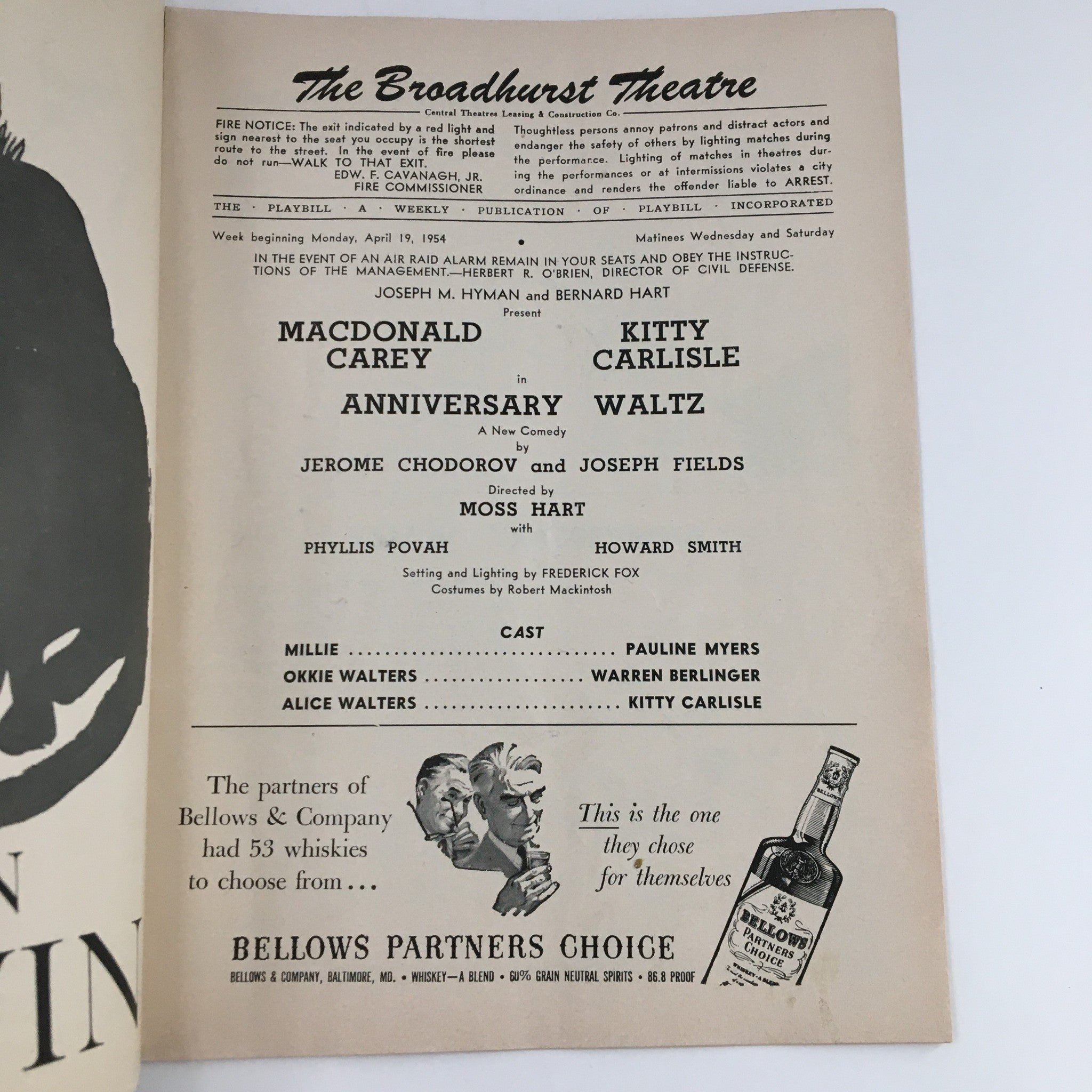 1954 Playbill The Broadhurst Theatre Present Kitty Carlisle in Anniversary Waltz