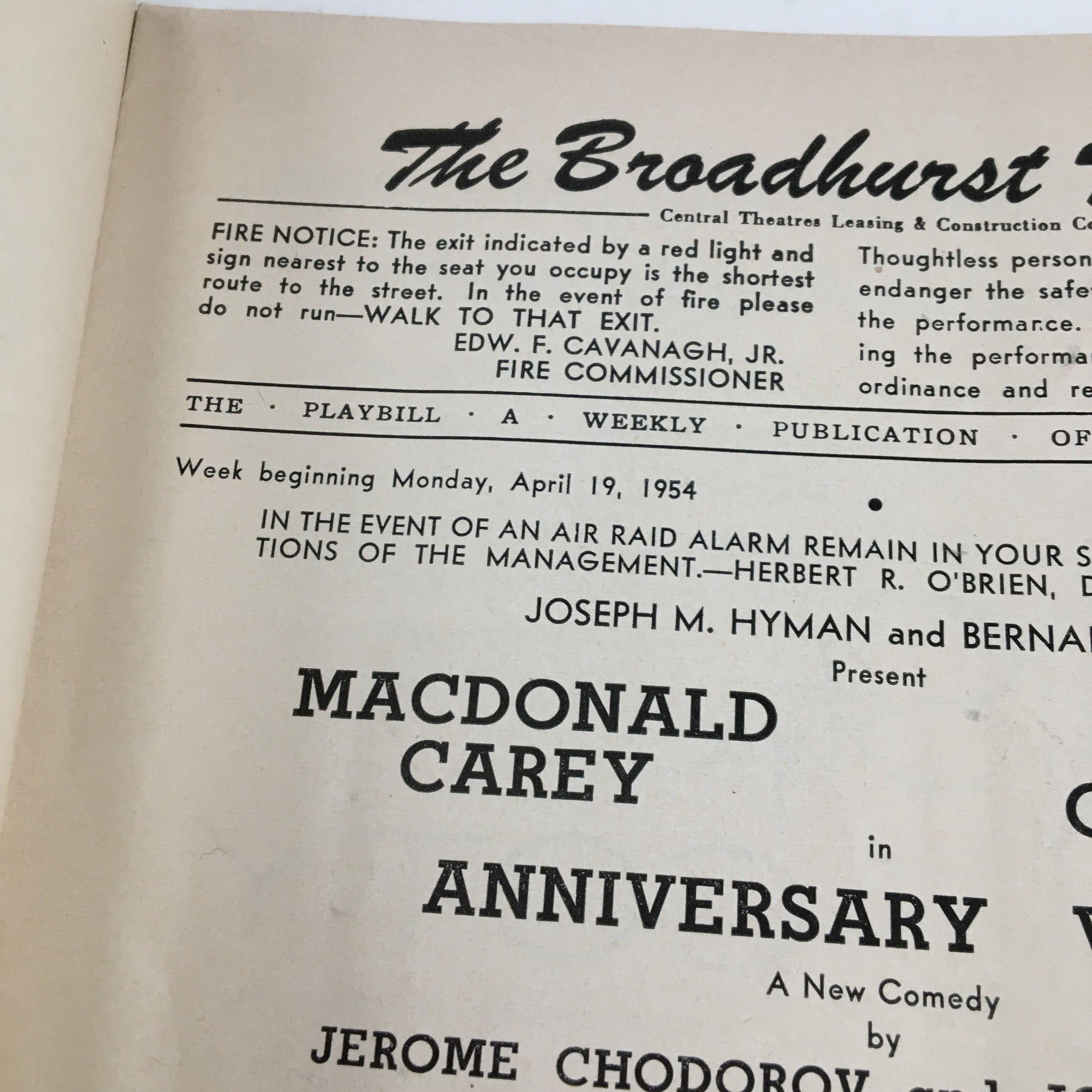 1954 Playbill The Broadhurst Theatre Present Kitty Carlisle in Anniversary Waltz