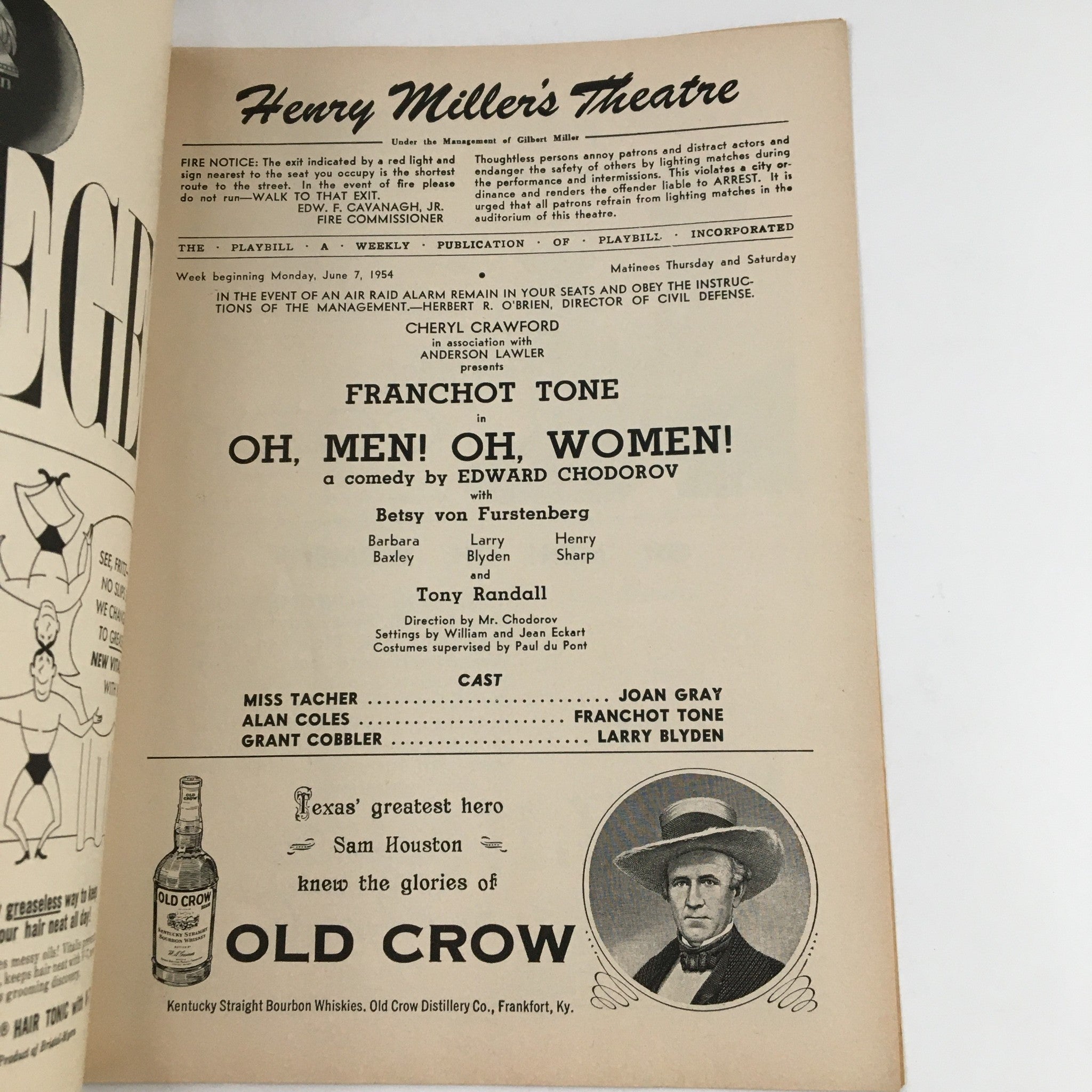 1954 Playbill Henry Miller's Theatre Franchot Tone in Oh Men, Oh Women