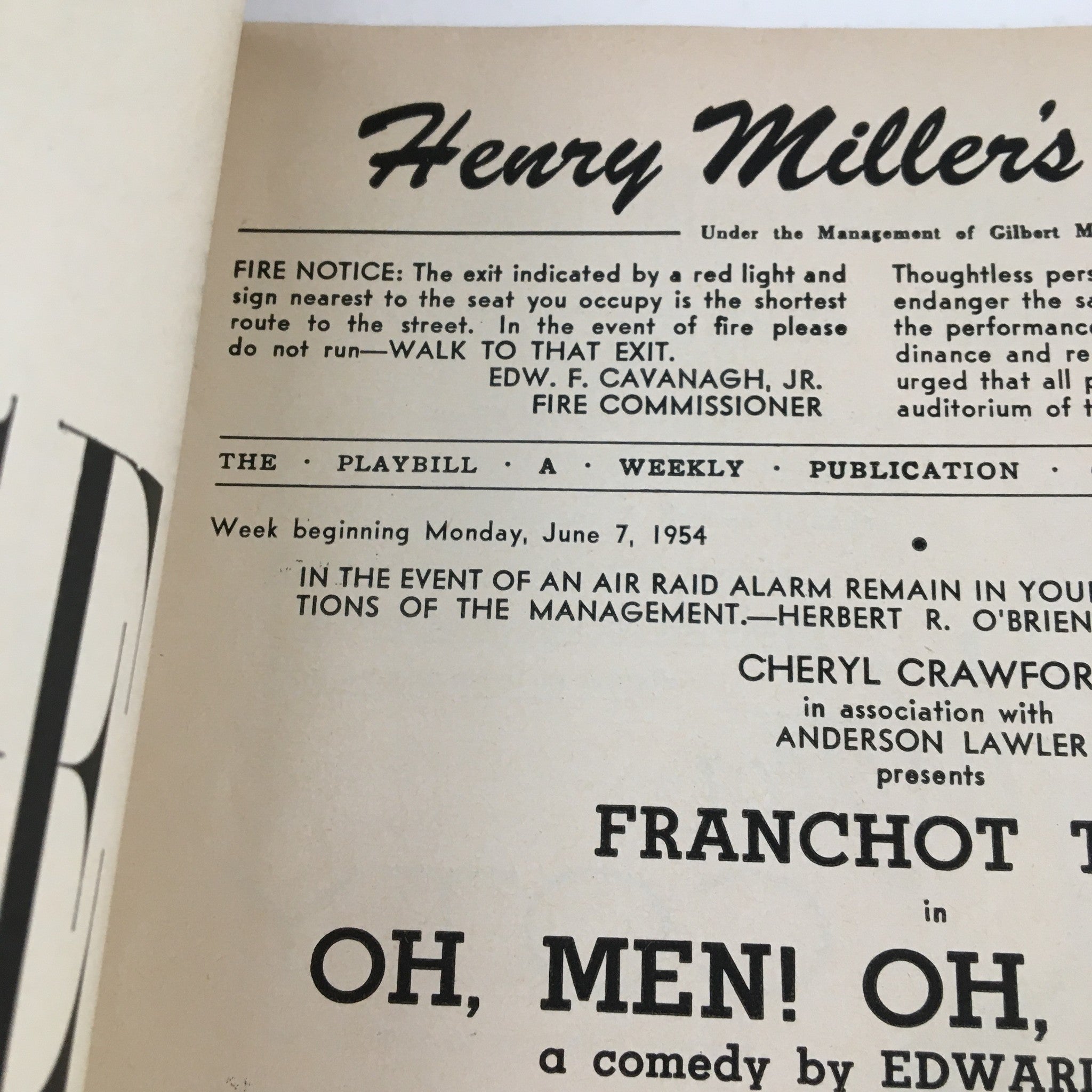 1954 Playbill Henry Miller's Theatre Franchot Tone in Oh Men, Oh Women