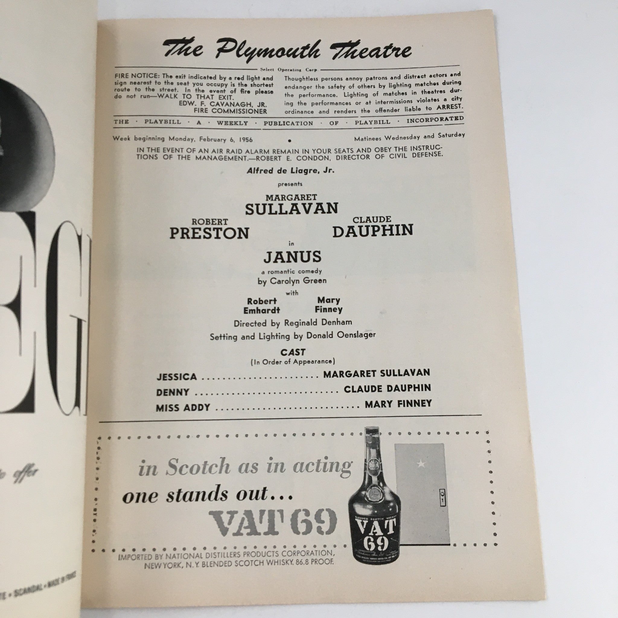 1956 Playbill The Plymouth Theatre Present Margaret Sulavan in Janus by C. Green