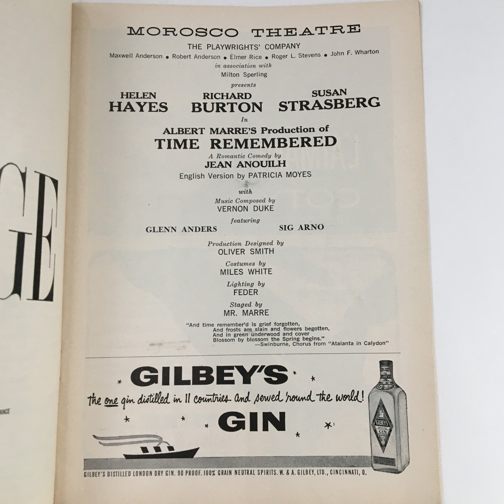 1958 Playbill Morosco Theatre Presents Richard Burton in Time Remembered