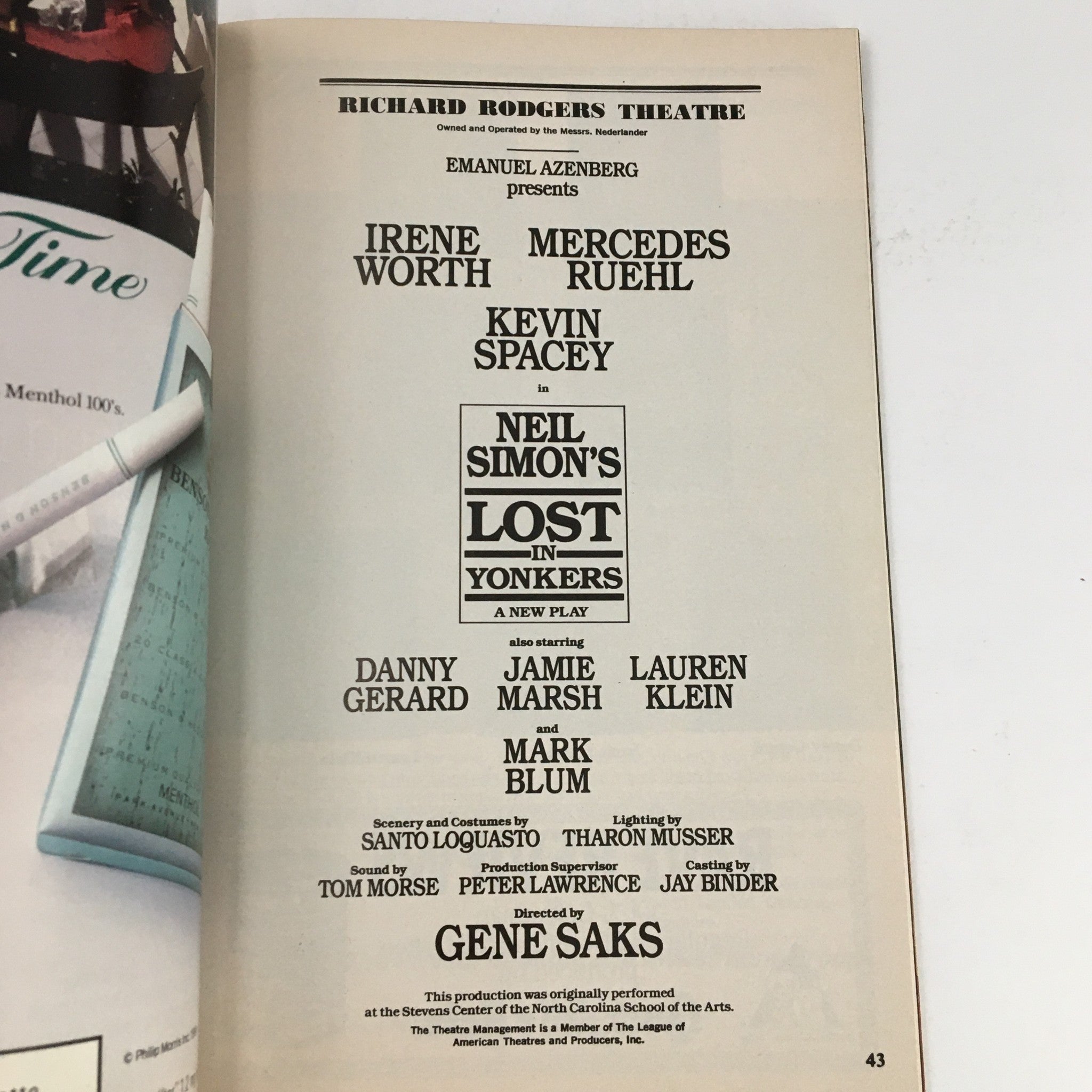 1991 Playbill Richard Rodgers Theatre Present Neil Simmon's Lost In Yonkers