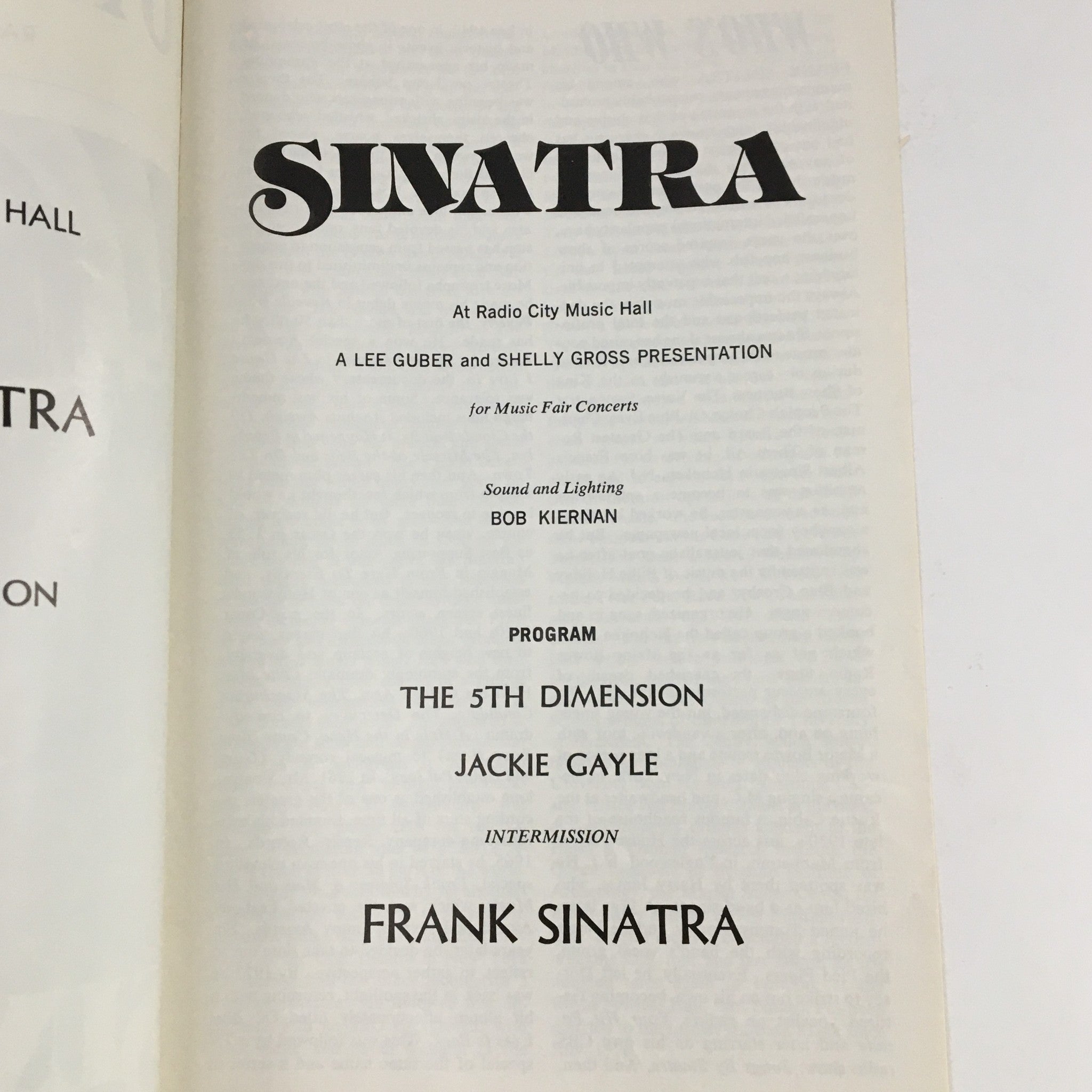 Inside page of the 1978 Playbill Radio City Music Hall Present Intermission of Frank Sinatra displaying the program details, including performers and lighting information, emphasizing the musical history of the event.