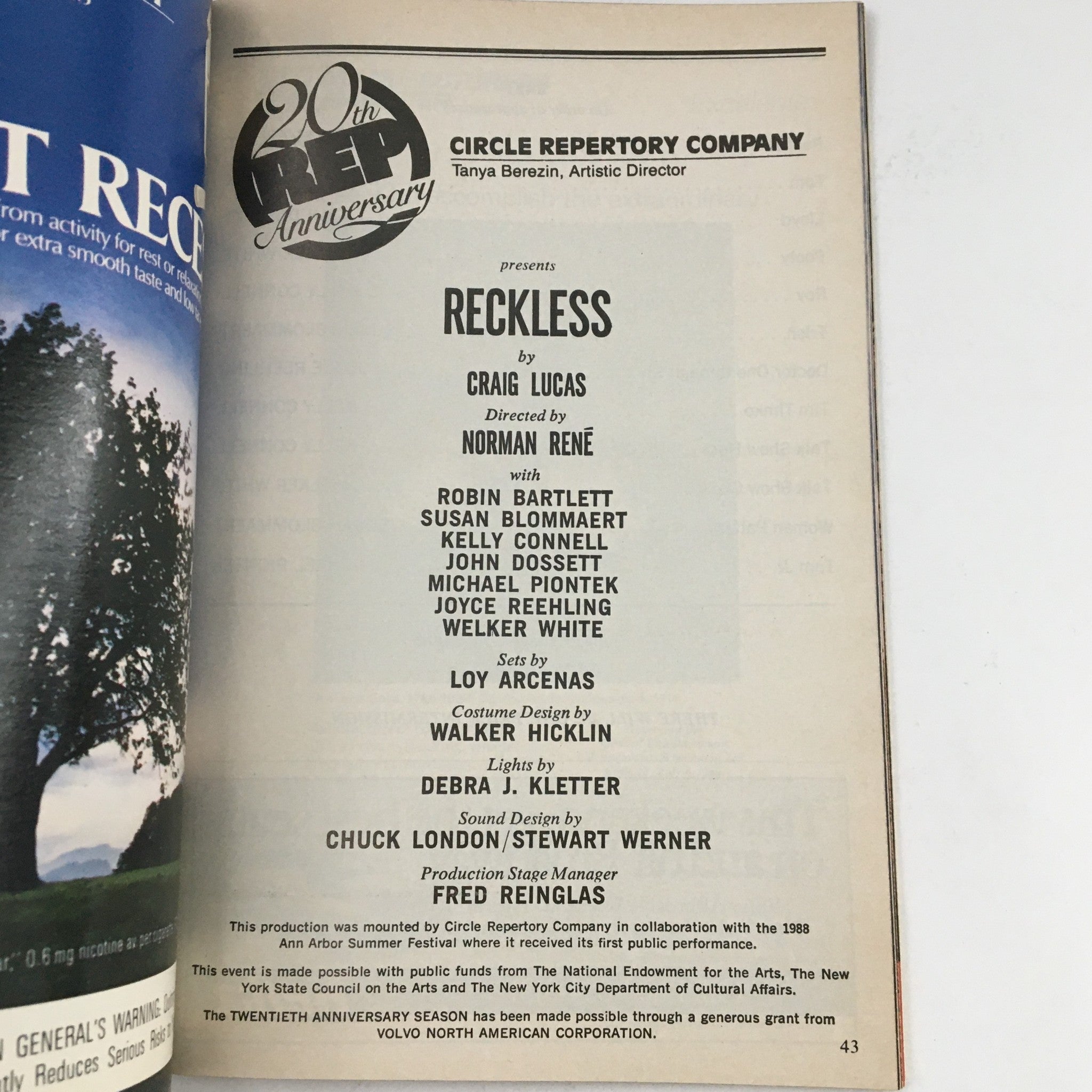 1988 Playbill Circle Repertory Company Presents Reckless by Craig Lucas