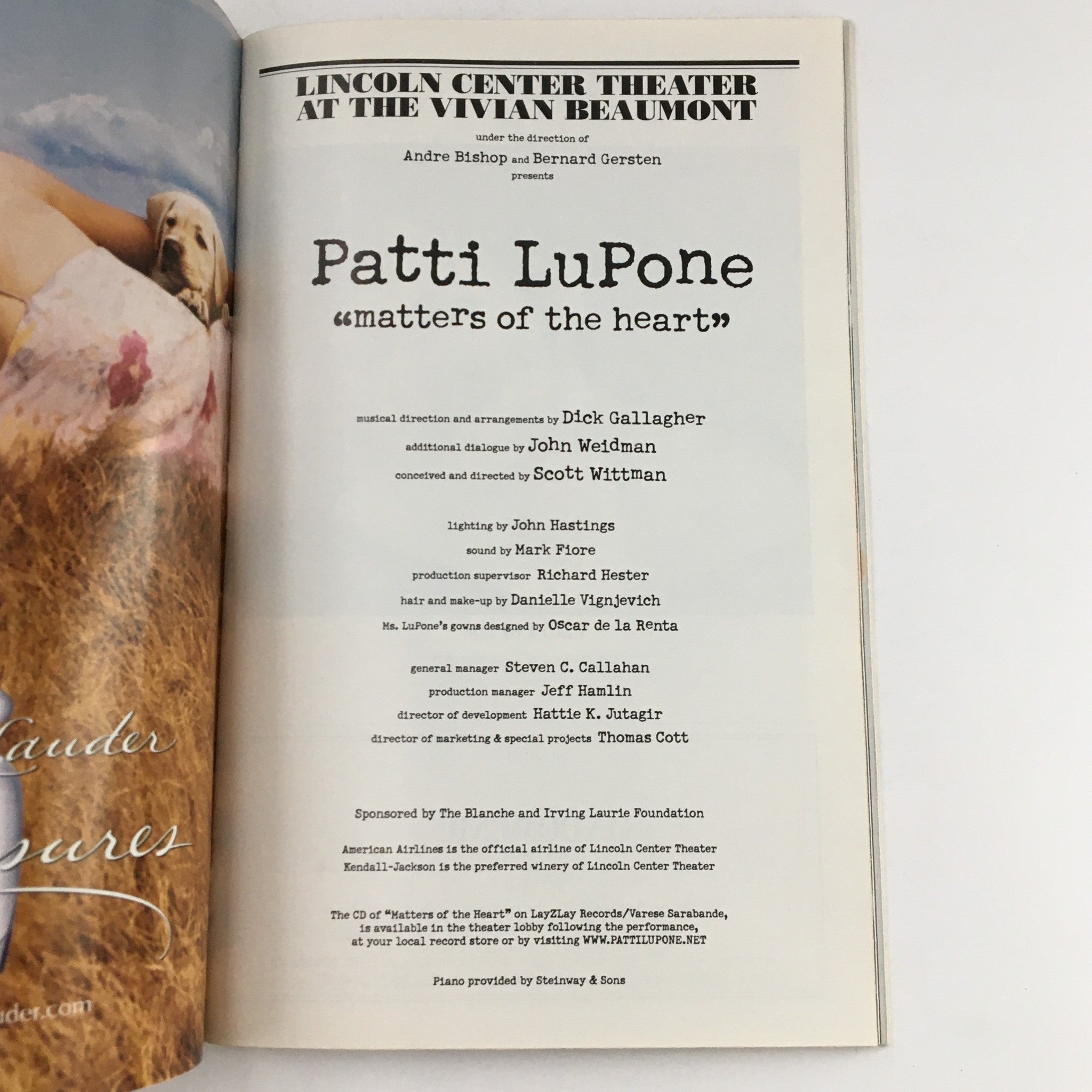 2000 Playbill Lincoln Center Theater Presents Patti LuPone Matters Of The Heart