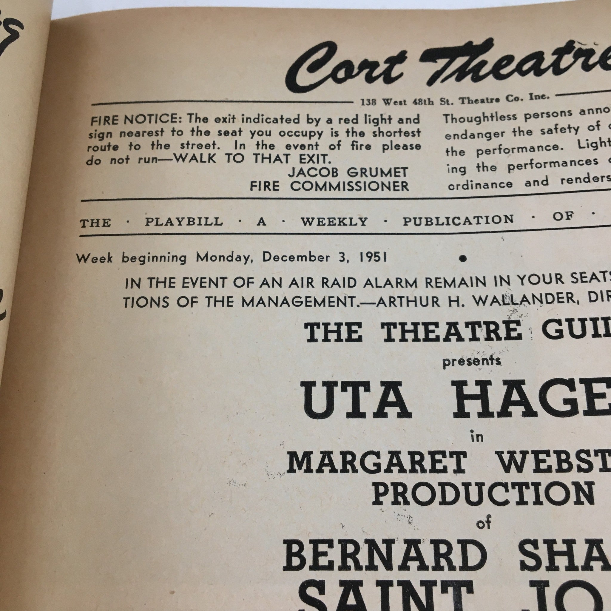 1951 Playbill Cort Theatre Presents Uta Hagen in Bernard Shaw's Saint Joan