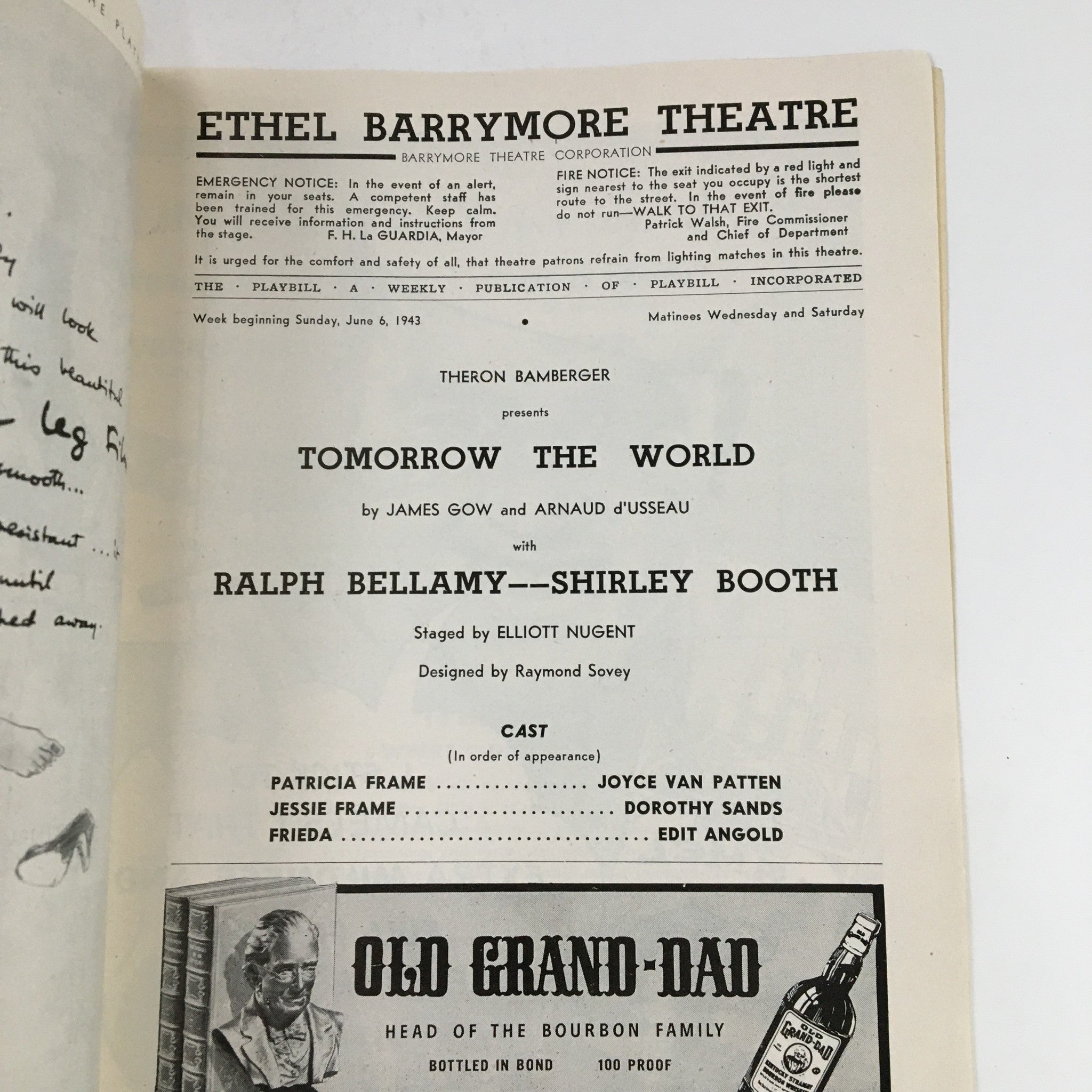 1943 Playbill Ethel Barrymore Theatre Presents Tomorrow The World by James Gow