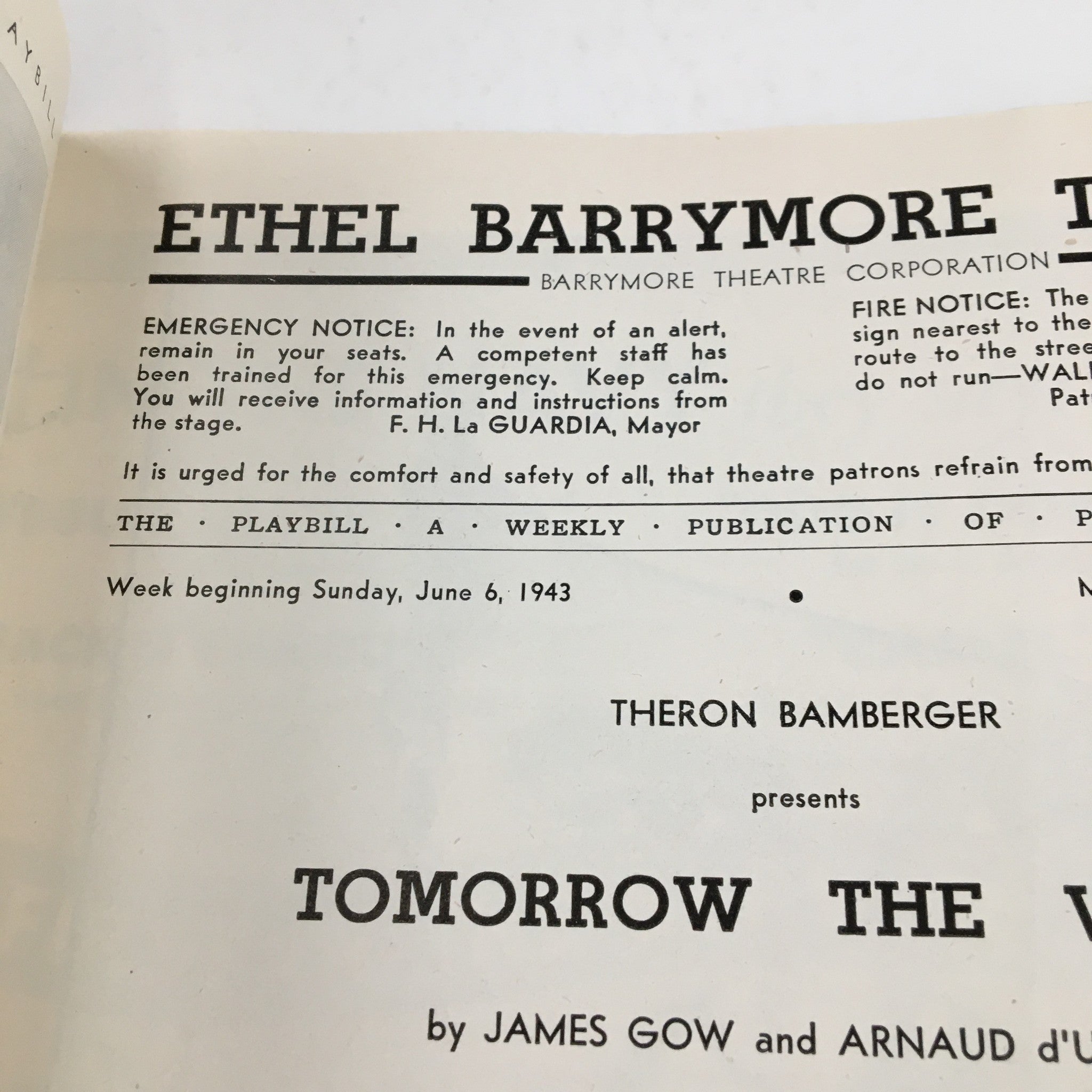 1943 Playbill Ethel Barrymore Theatre Presents Tomorrow The World by James Gow