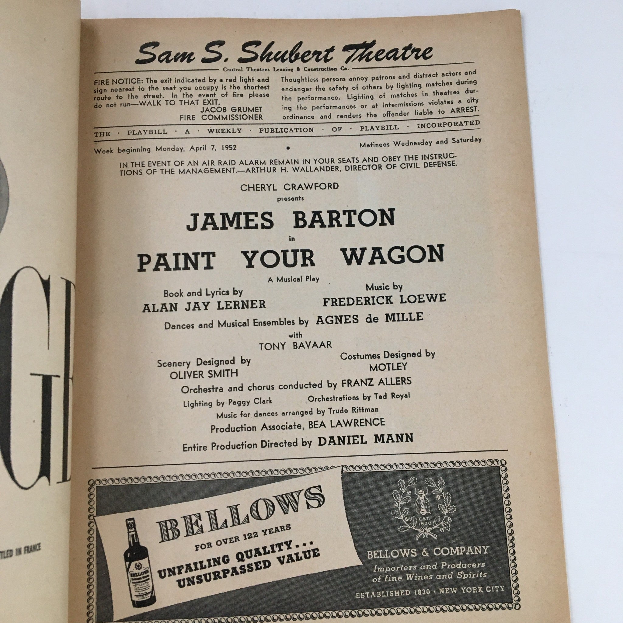 1952 Playbill Sam S. Shubert Theatre Present James Barton in Paint Your Wagon