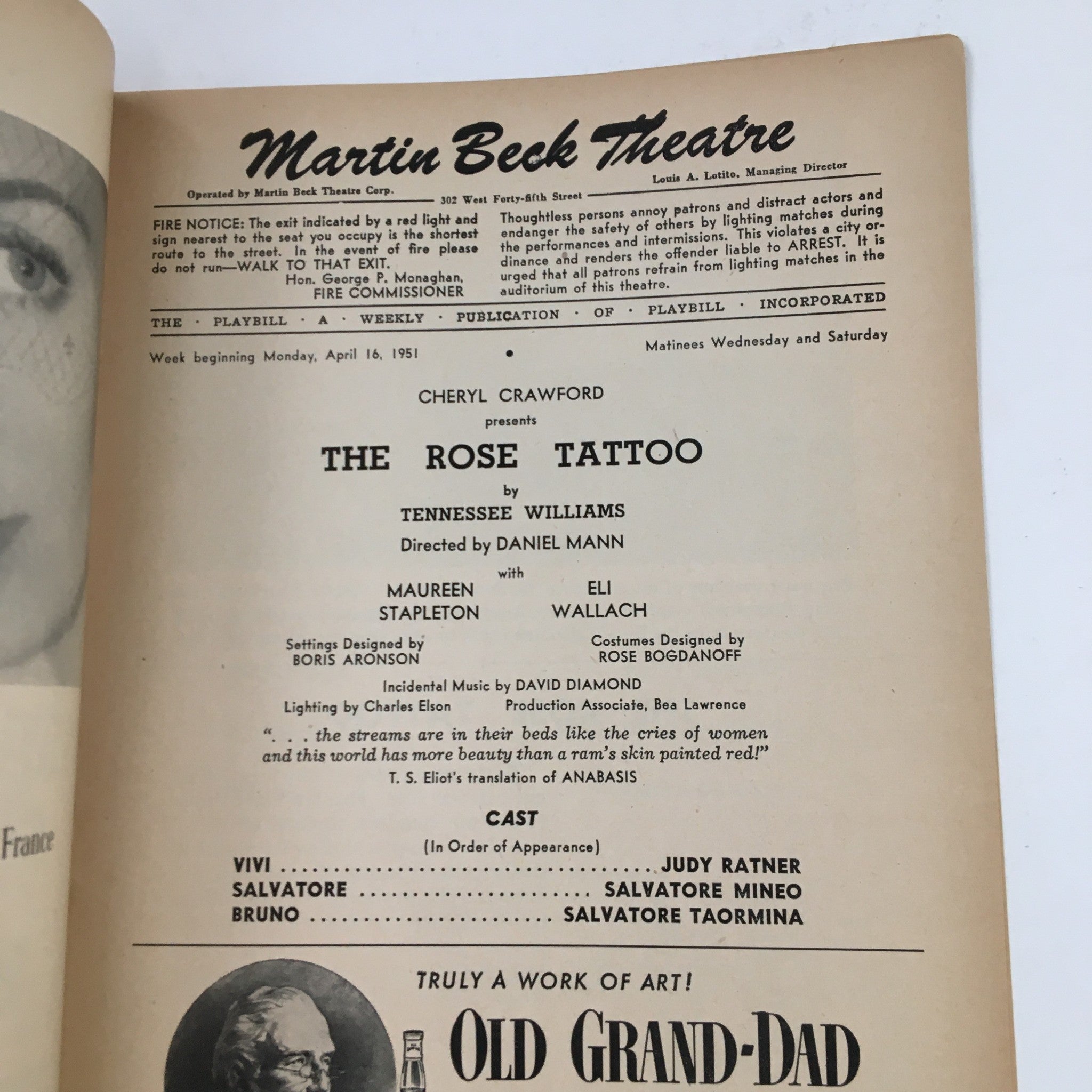 1951 Playbill Martin Beck Theatre Cheryl Crawford Presents The Rose Tattoo