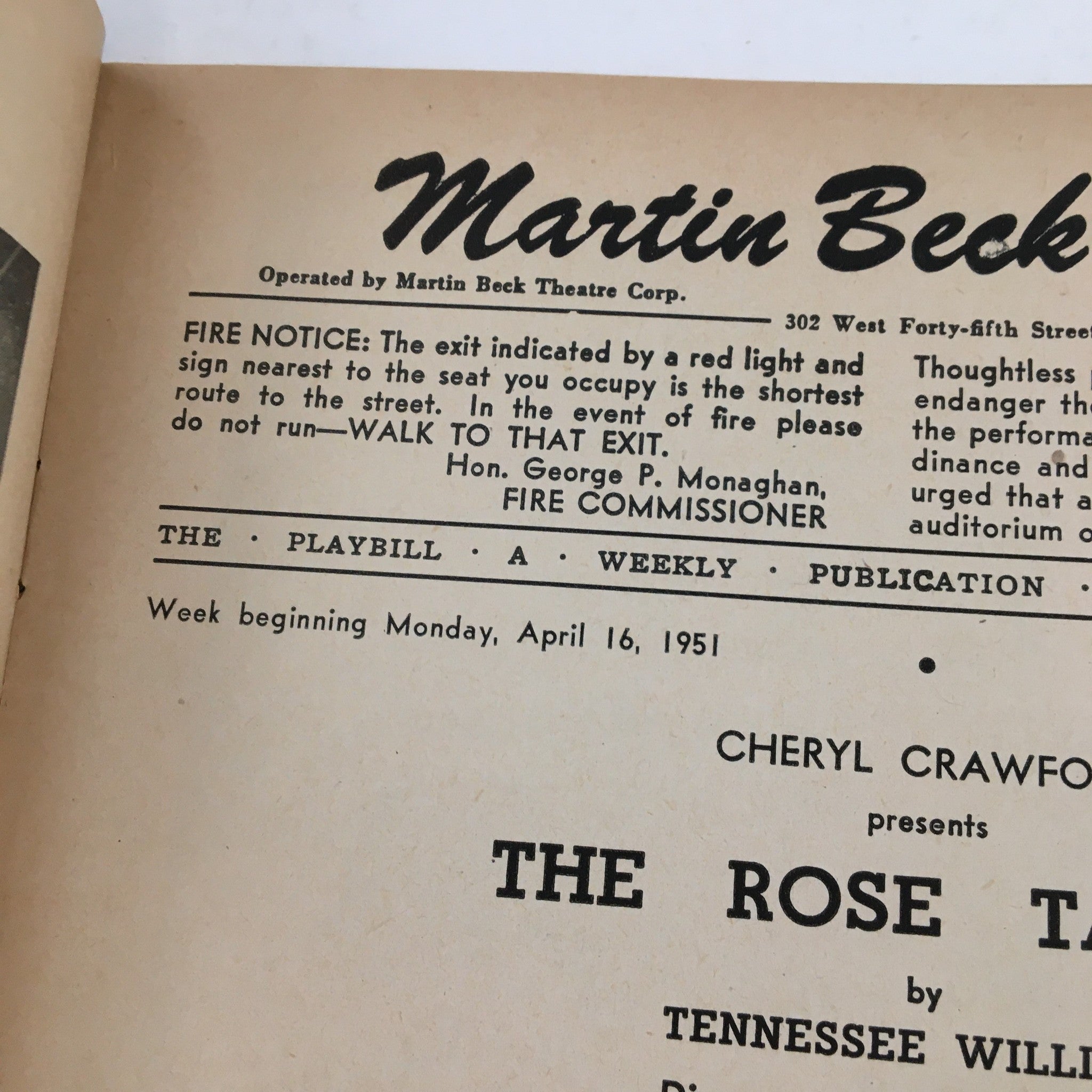 1951 Playbill Martin Beck Theatre Cheryl Crawford Presents The Rose Tattoo