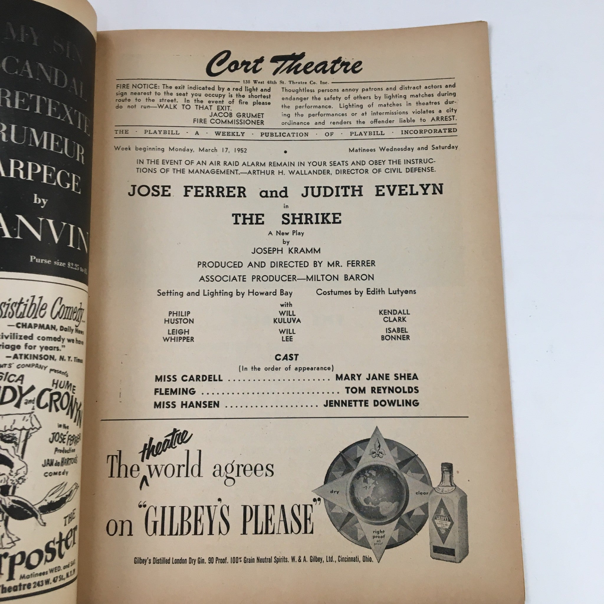 1952 Playbill Cort Theatre Jose Ferrer and Judith Evelyn in The Shrike