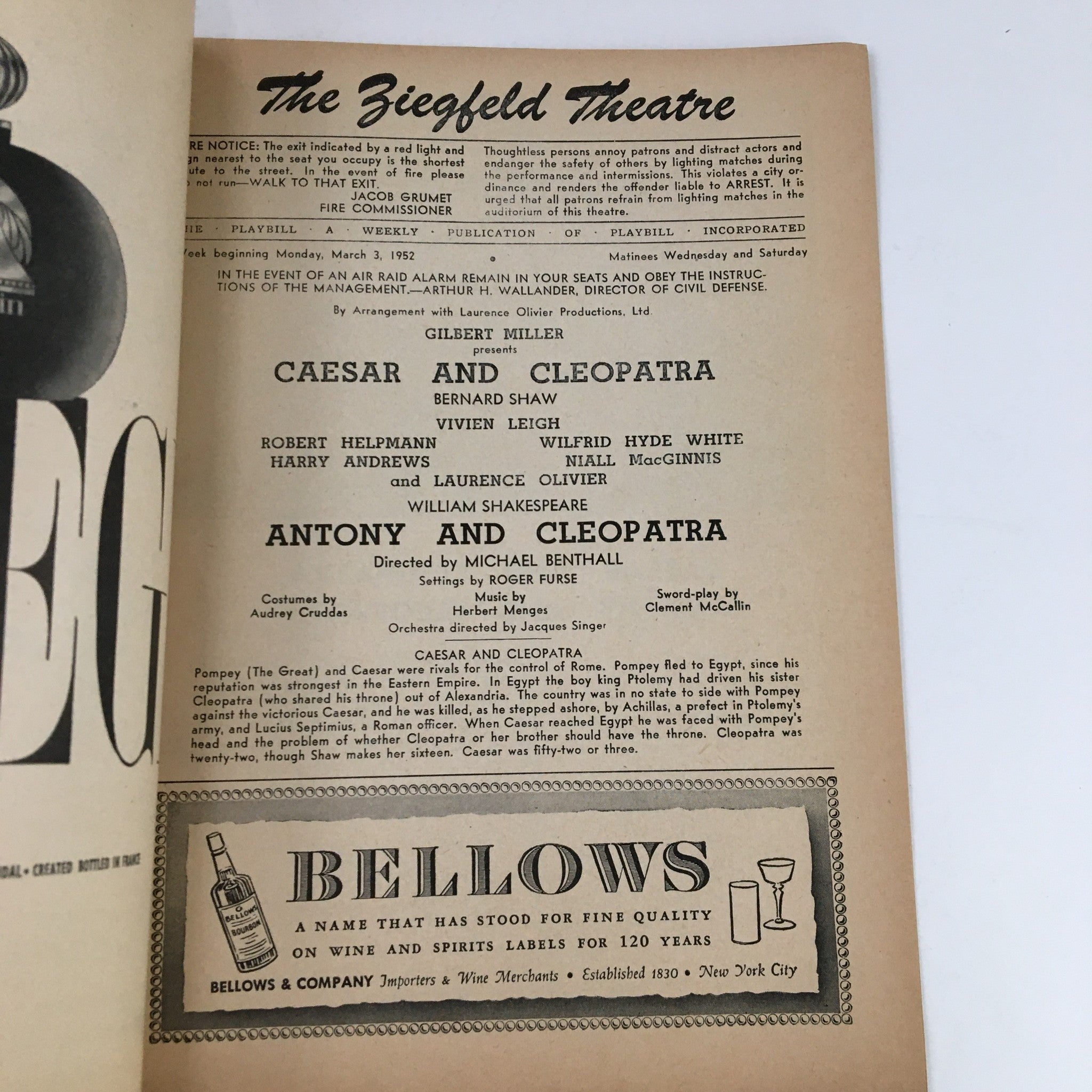 1952 Playbill The Ziegfeld Theatre Gilbert Miller Presents Caesar and Cleopatra