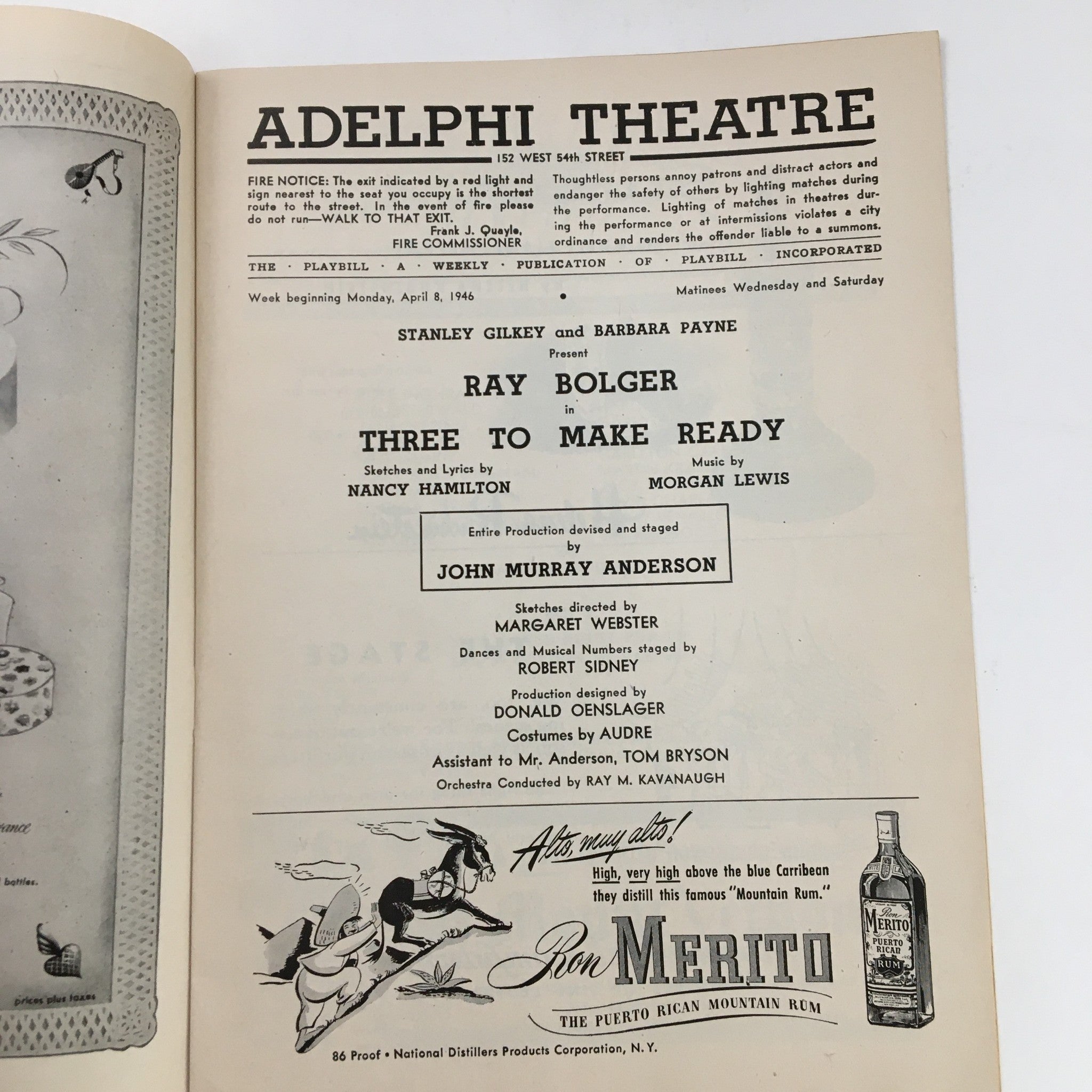 1946 Playbill Adelphi Theatre Present Ray Bolger in Three To Make Ready